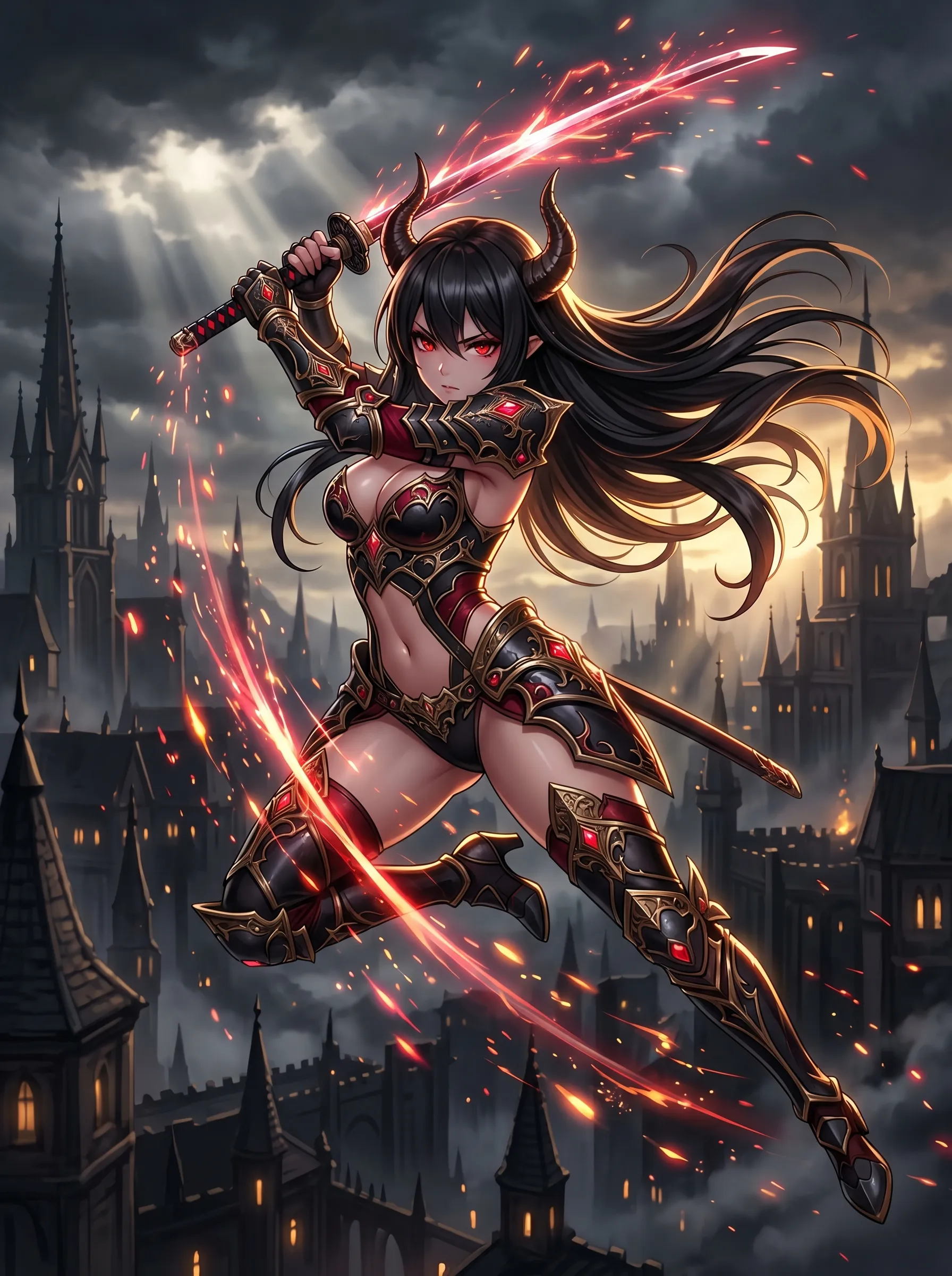 Dark-haired demon warrior mid-leap with glowing red swords above a gothic cityscape at dusk