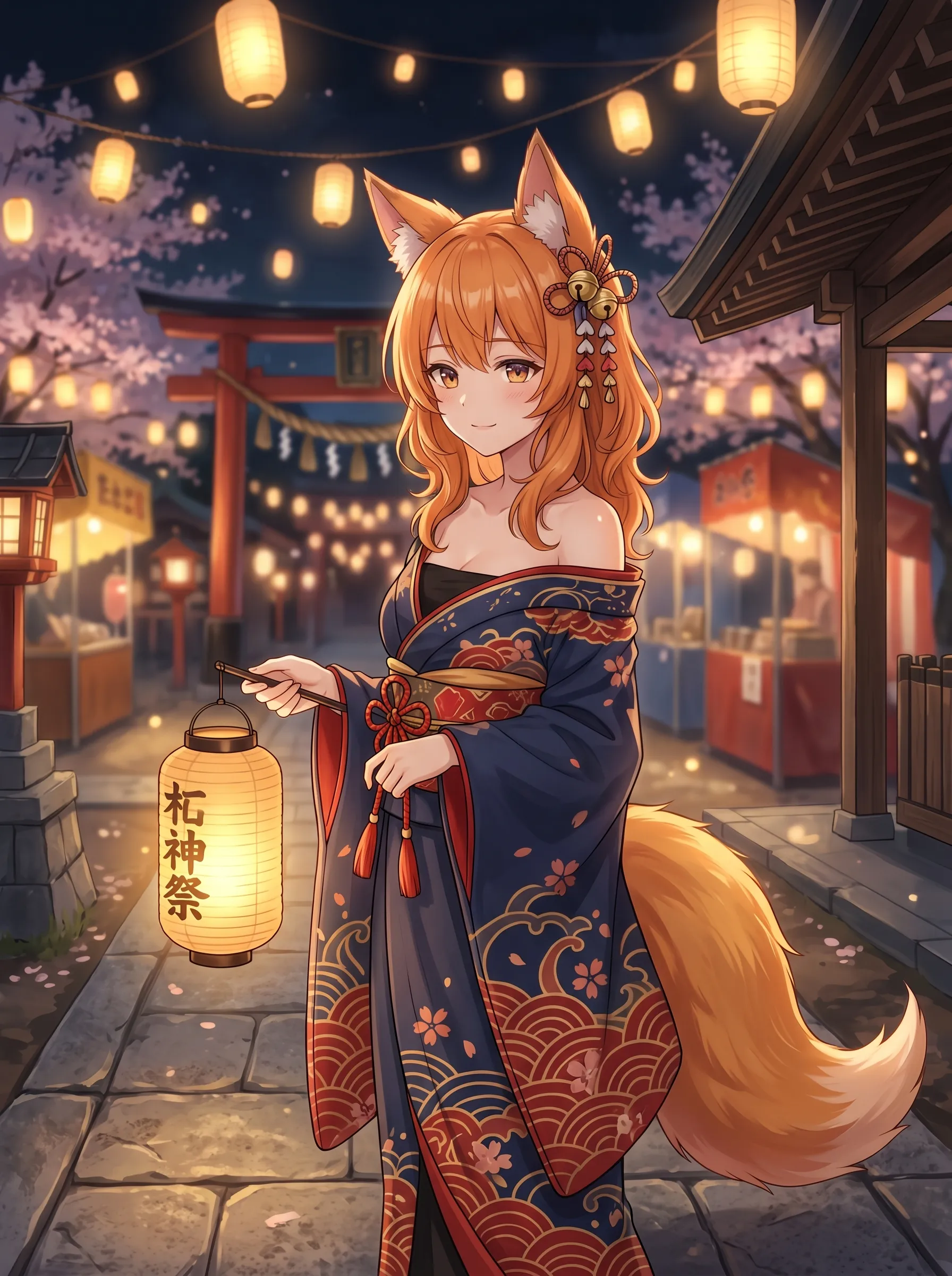 Fox-eared girl in a floral navy kimono holding a paper lantern at a Japanese festival under cherry blossoms