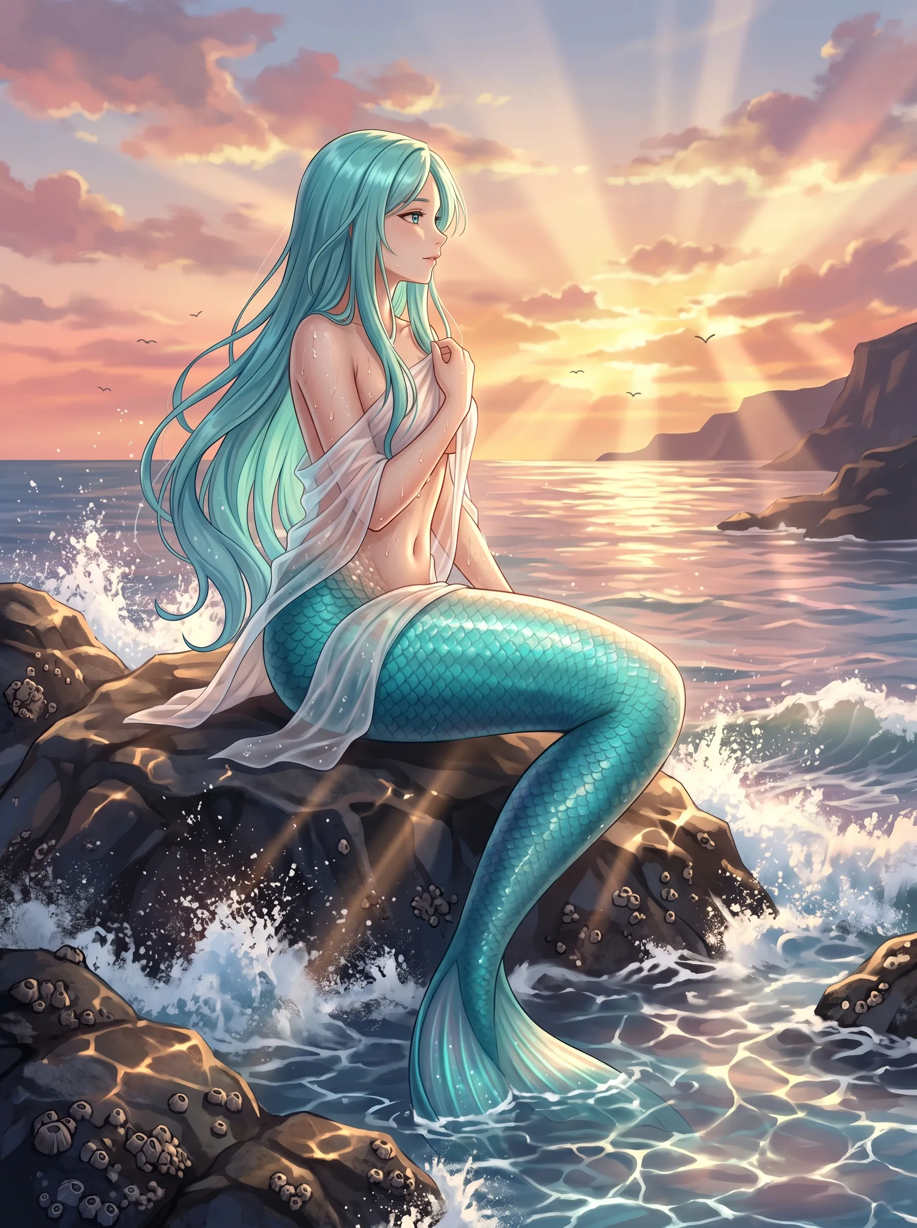 Turquoise-haired mermaid wrapped in a sheer cloth, resting on ocean rocks as the sun sets behind her