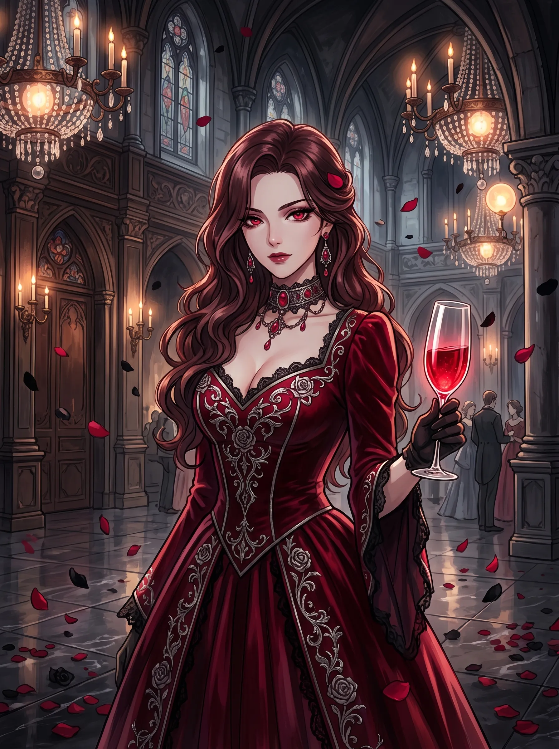 Elegant vampire with auburn curls holding a wine glass in a candlelit gothic ballroom, AI girl generator showcase