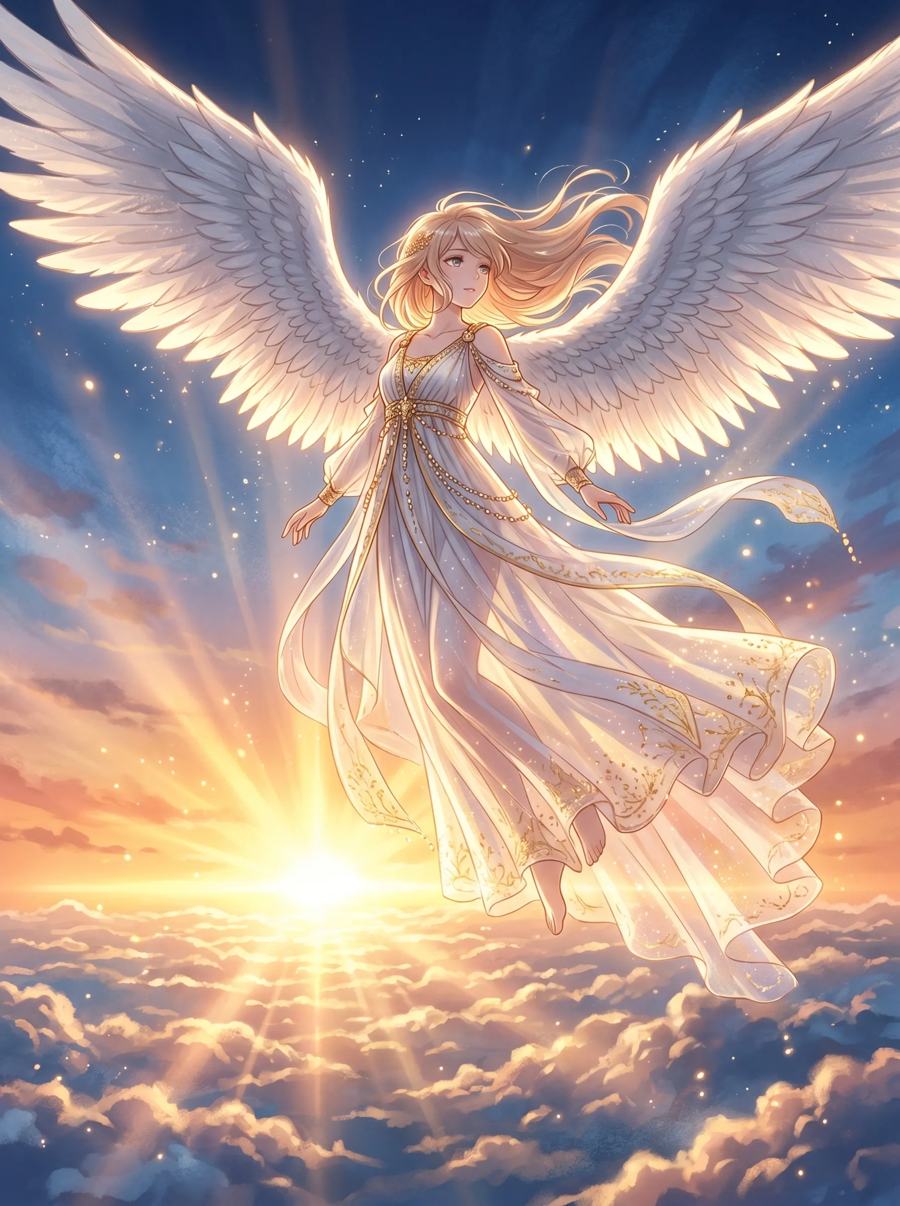 Golden-haired angel soaring above the clouds in a flowing white gown with radiant wings spread wide