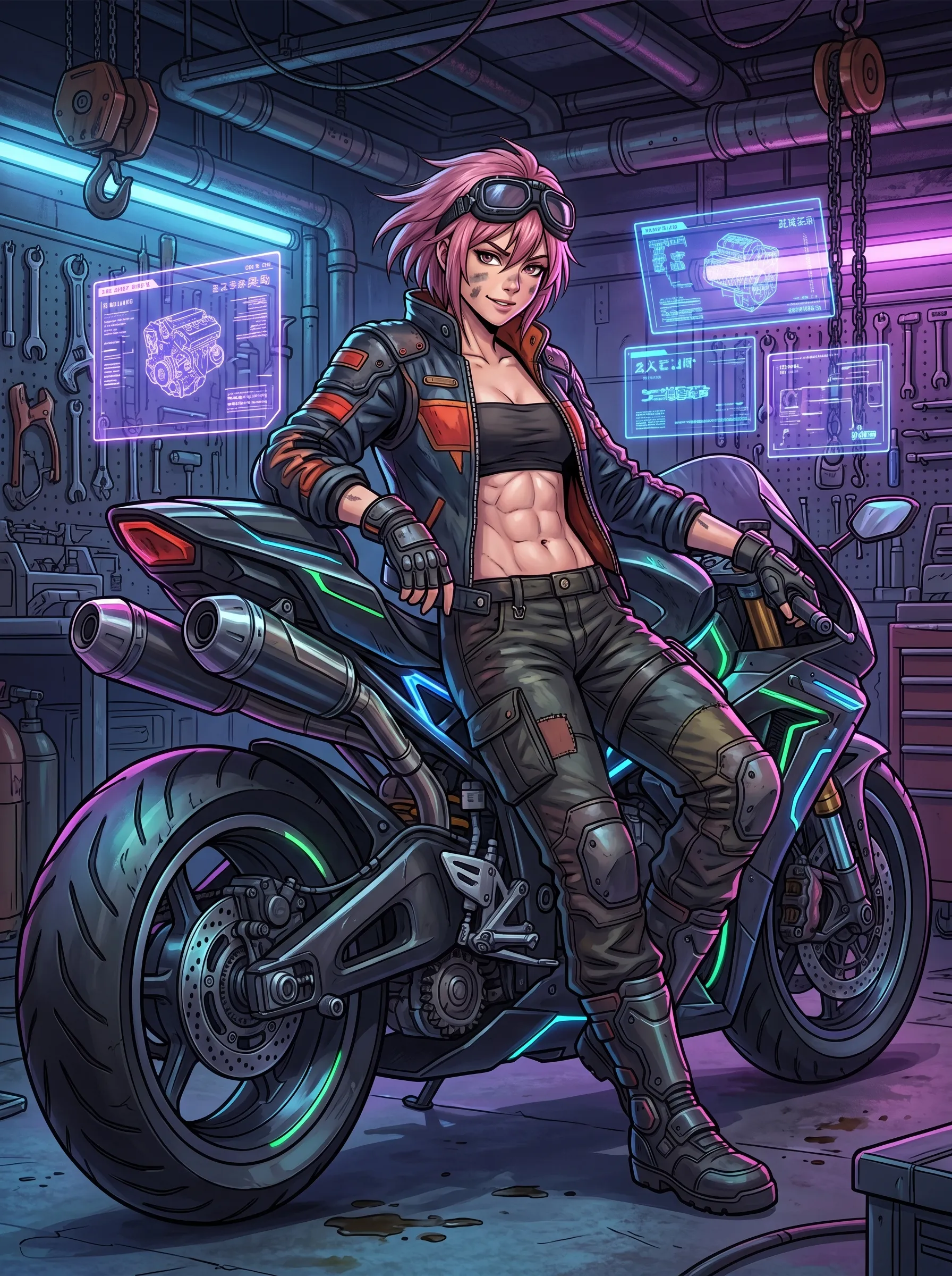 Pink-haired mechanic in a leather jacket leaning against a neon-trimmed motorcycle in a cyberpunk garage