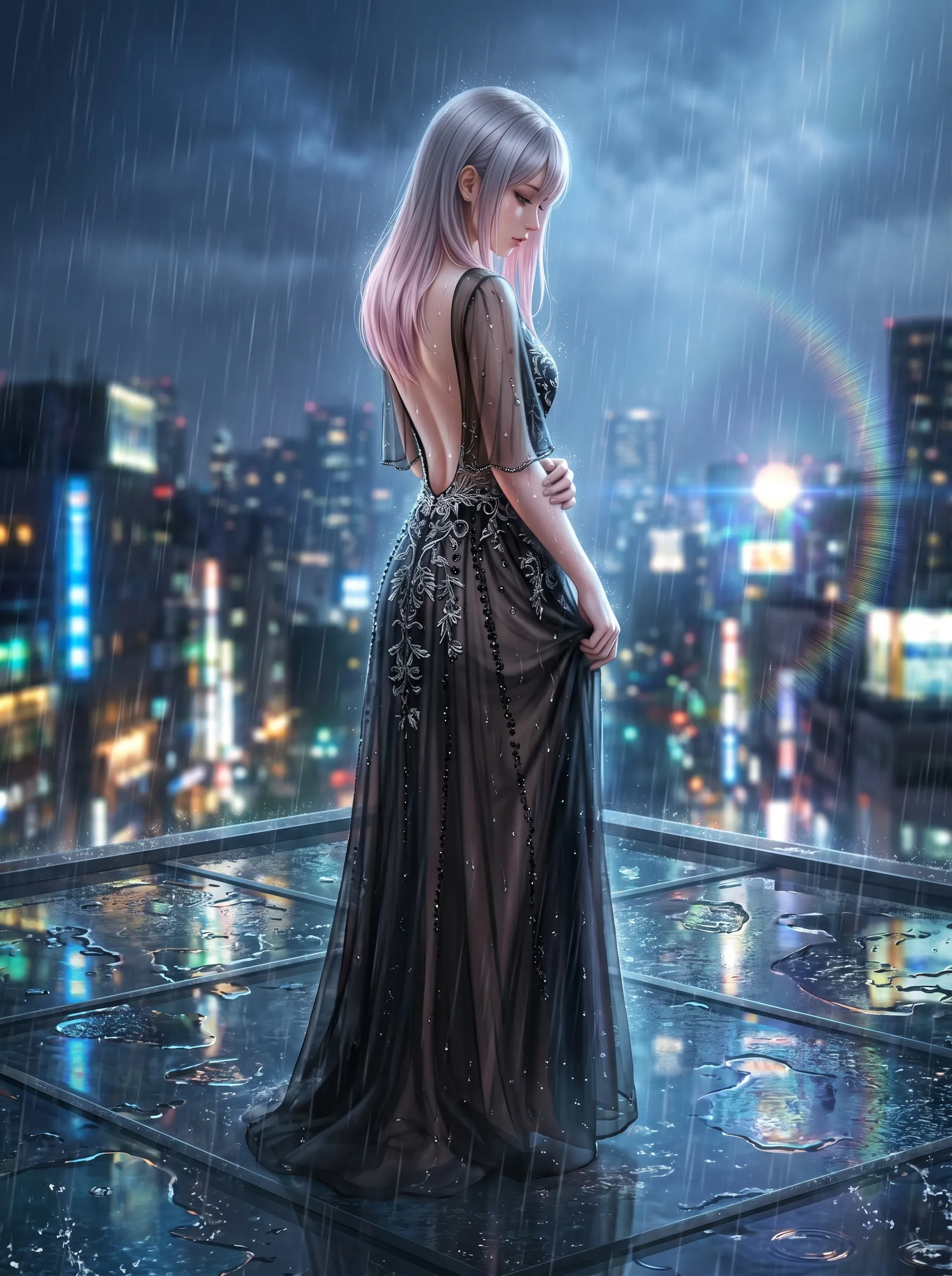 Silver-haired girl in a backless black evening gown standing alone on a rainy city rooftop at night