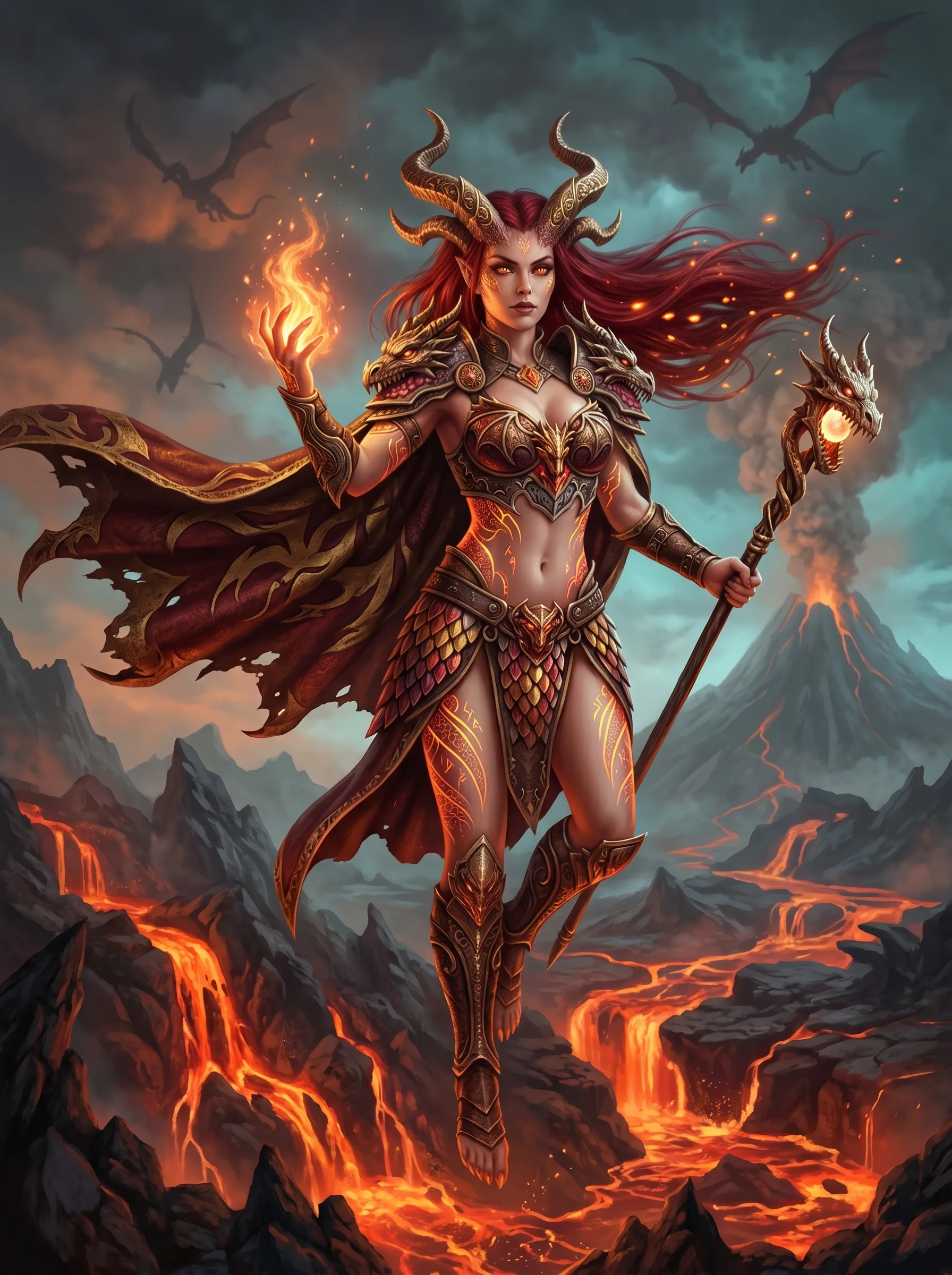Red-haired dragon sorceress in golden armor summoning fire on a volcanic mountainside with dragons circling above