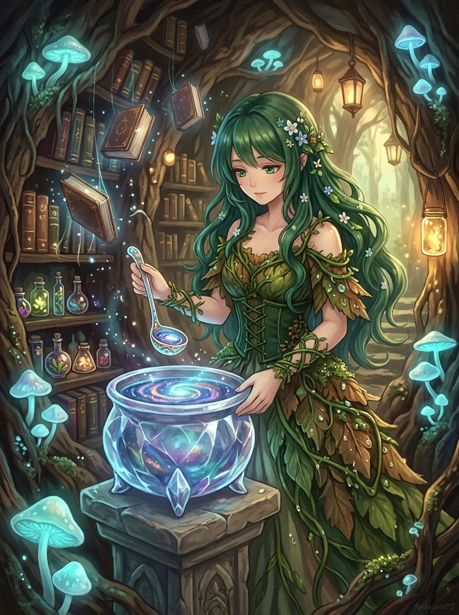 Green-haired forest witch stirring a glowing cauldron inside a cozy tree hollow filled with mushrooms and books