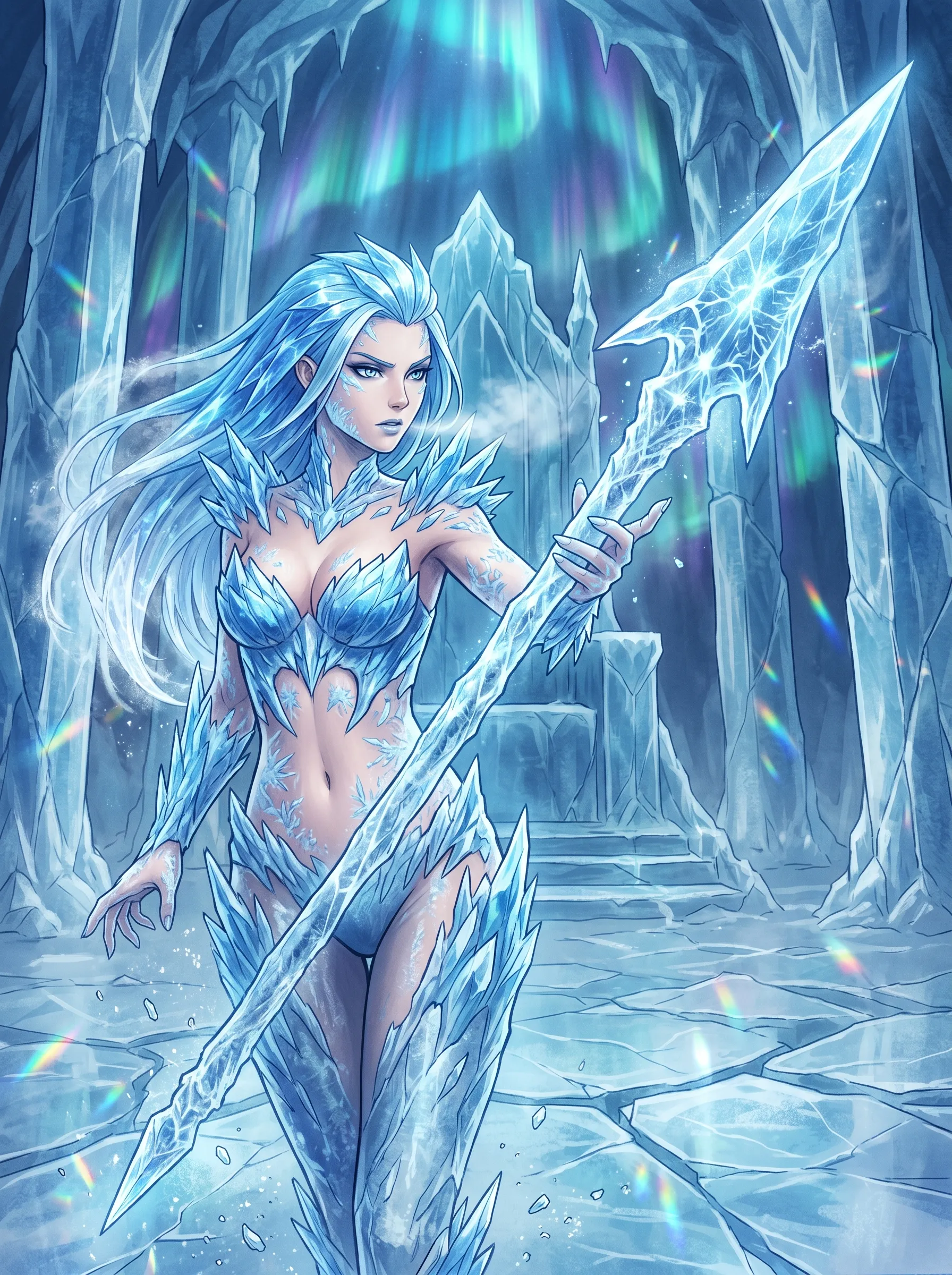 Ice warrior with pale blue hair gripping a crystalline spear in a frozen palace, created with an AI girl generator