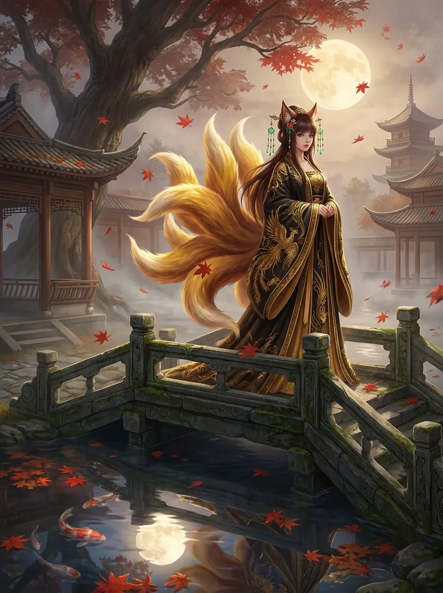 Golden-tailed kitsune in an autumn-colored robe crossing a moonlit bridge over a koi pond with maple leaves