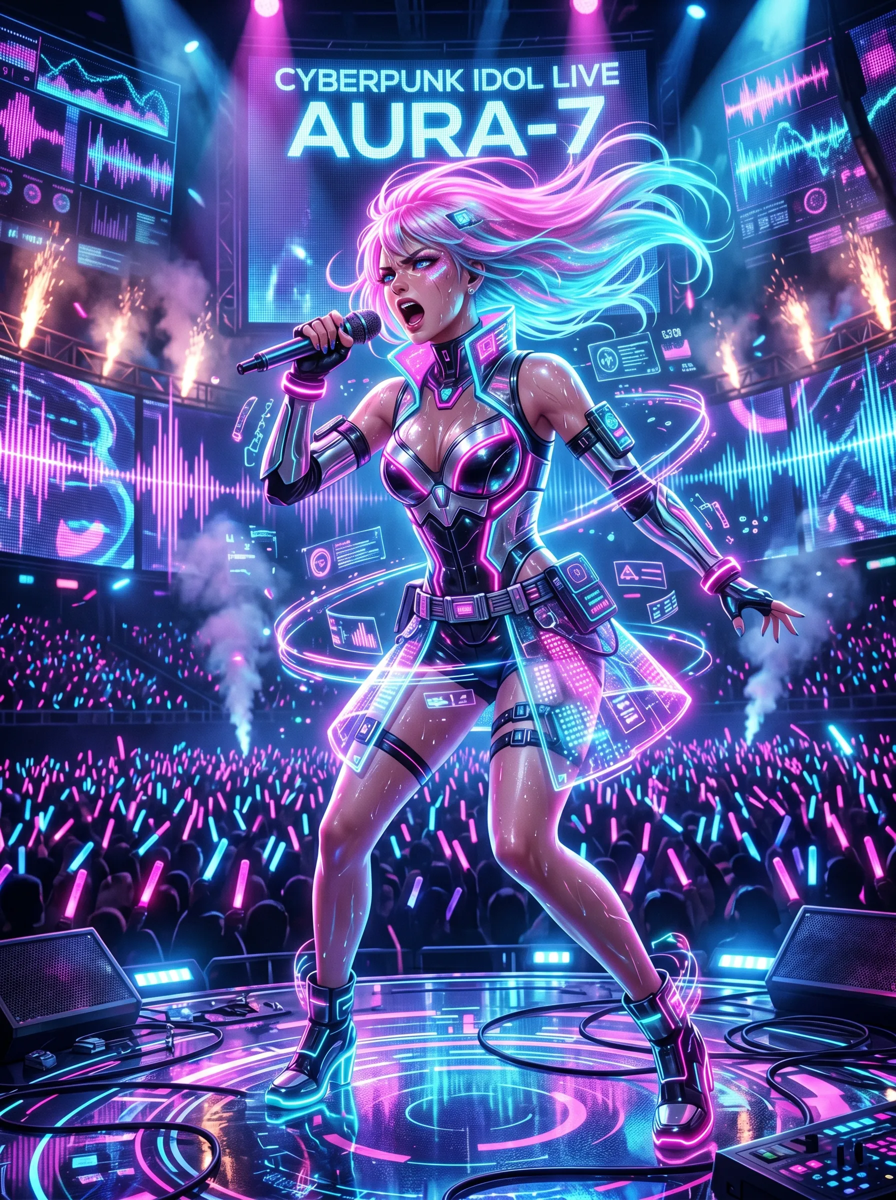 Neon-pink idol singing into a mic on a holographic stage with a roaring cyberpunk crowd behind her