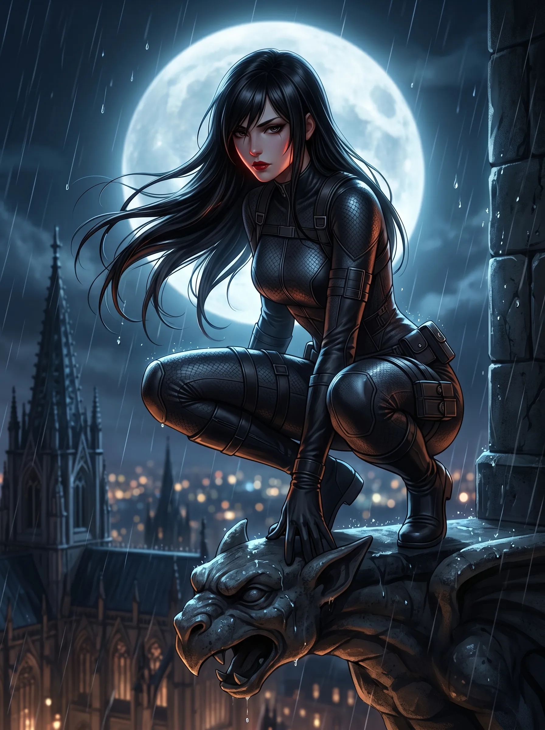 Black-haired stealth fighter crouching on a cathedral gargoyle under a full moon in the pouring rain