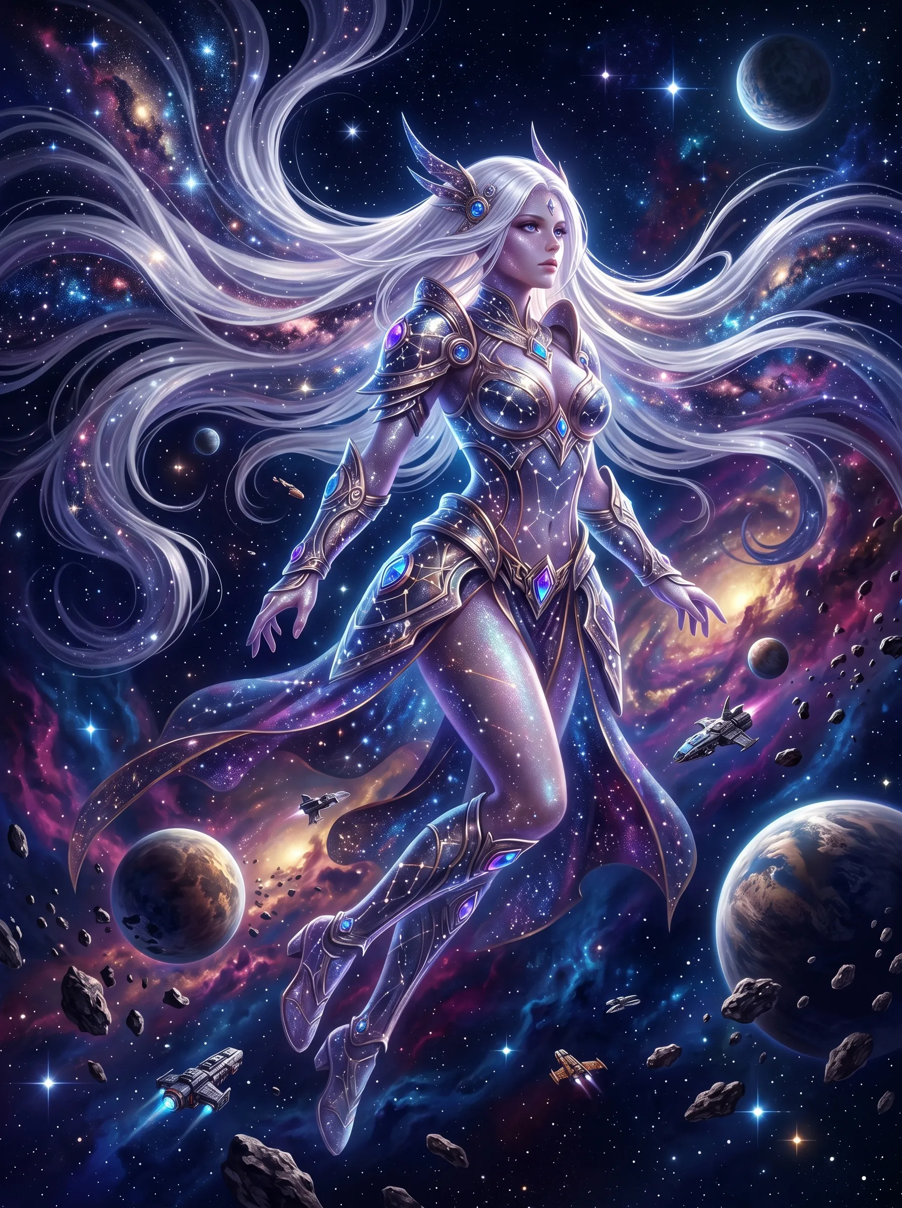 Cosmic goddess with flowing white hair drifting among planets and nebulae in ornate silver armor