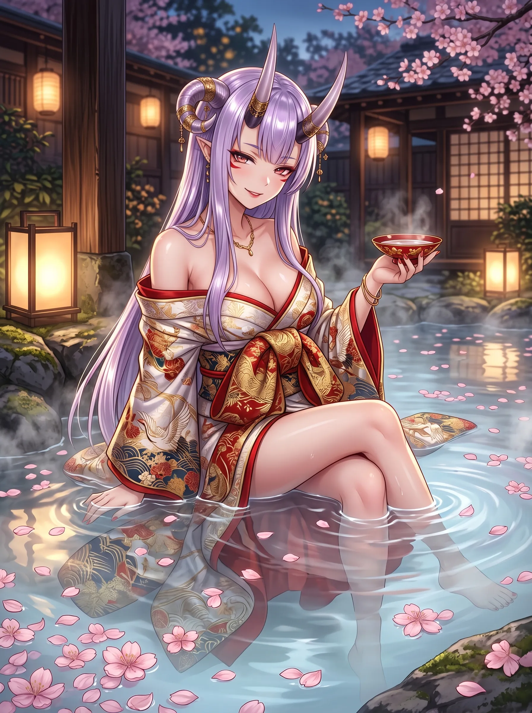 Lavender-haired oni girl relaxing in a cherry blossom hot spring while holding a sake cup and smiling