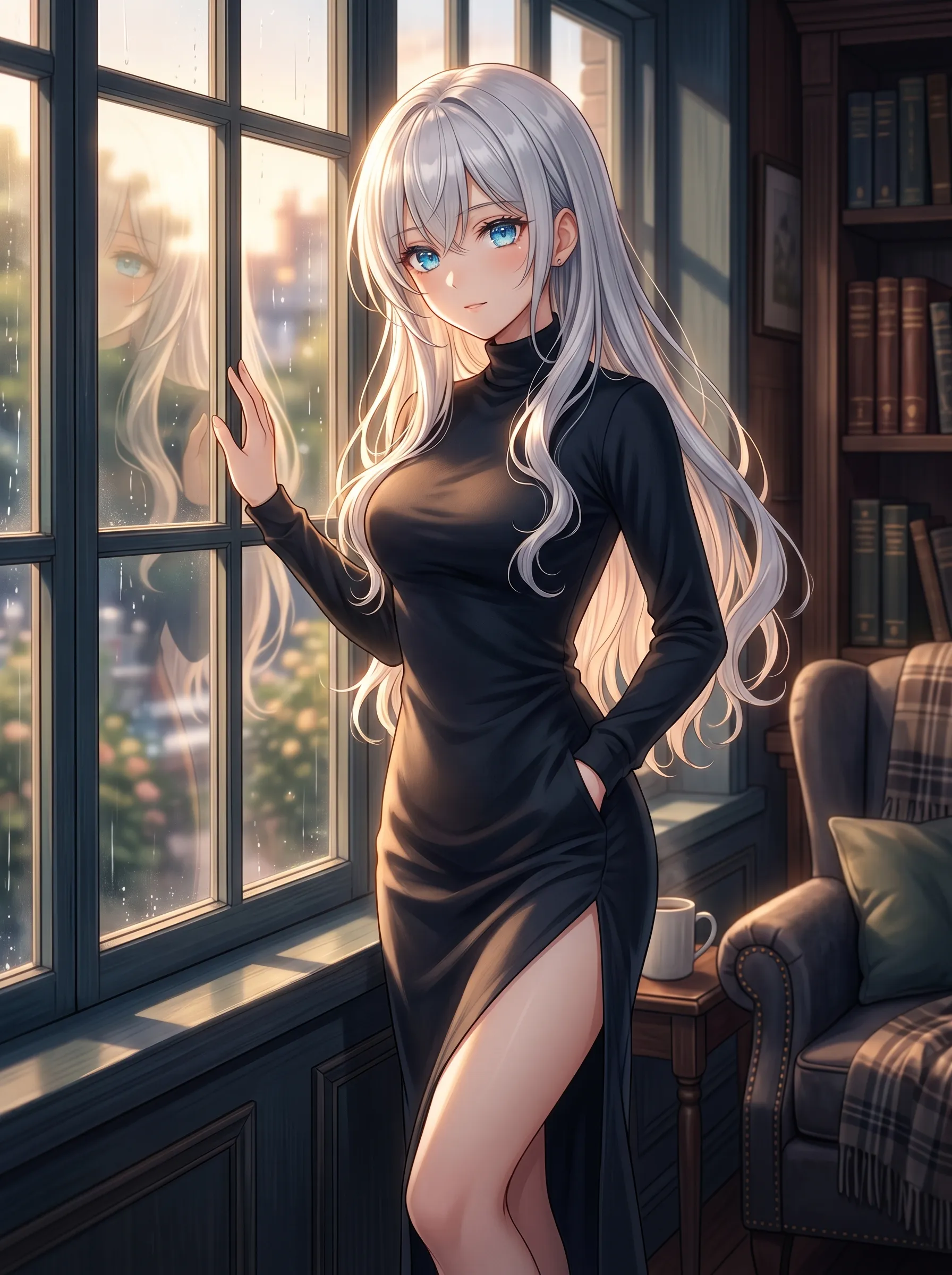 Blue-eyed girl with long silver hair in a black turtleneck dress by a rain-streaked library window at sunset