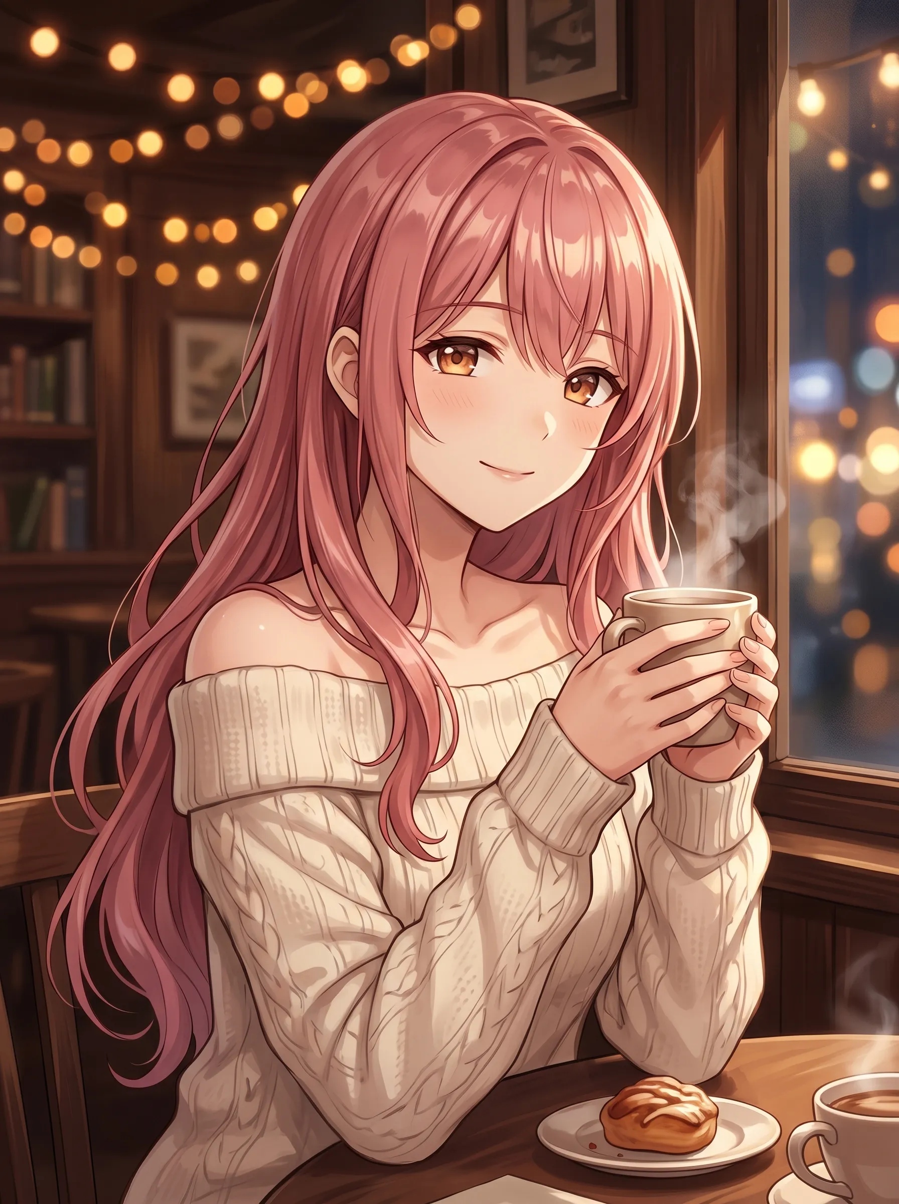 Pink-haired girl in a cozy off-shoulder sweater sipping hot cocoa at a warm cafe with fairy lights