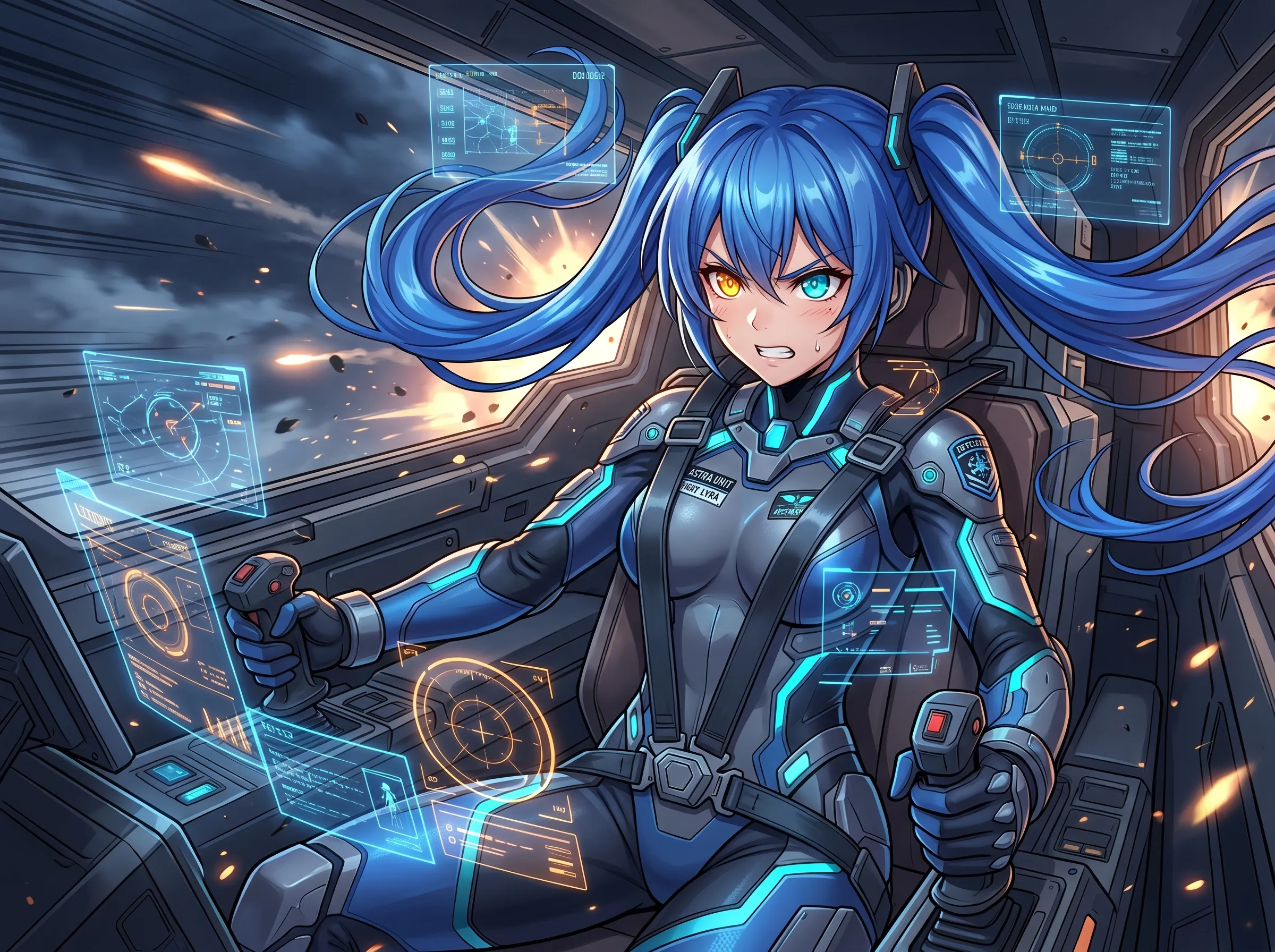 Blue-haired mech pilot with heterochromatic eyes gripping controls in a cockpit surrounded by holographic battle displays