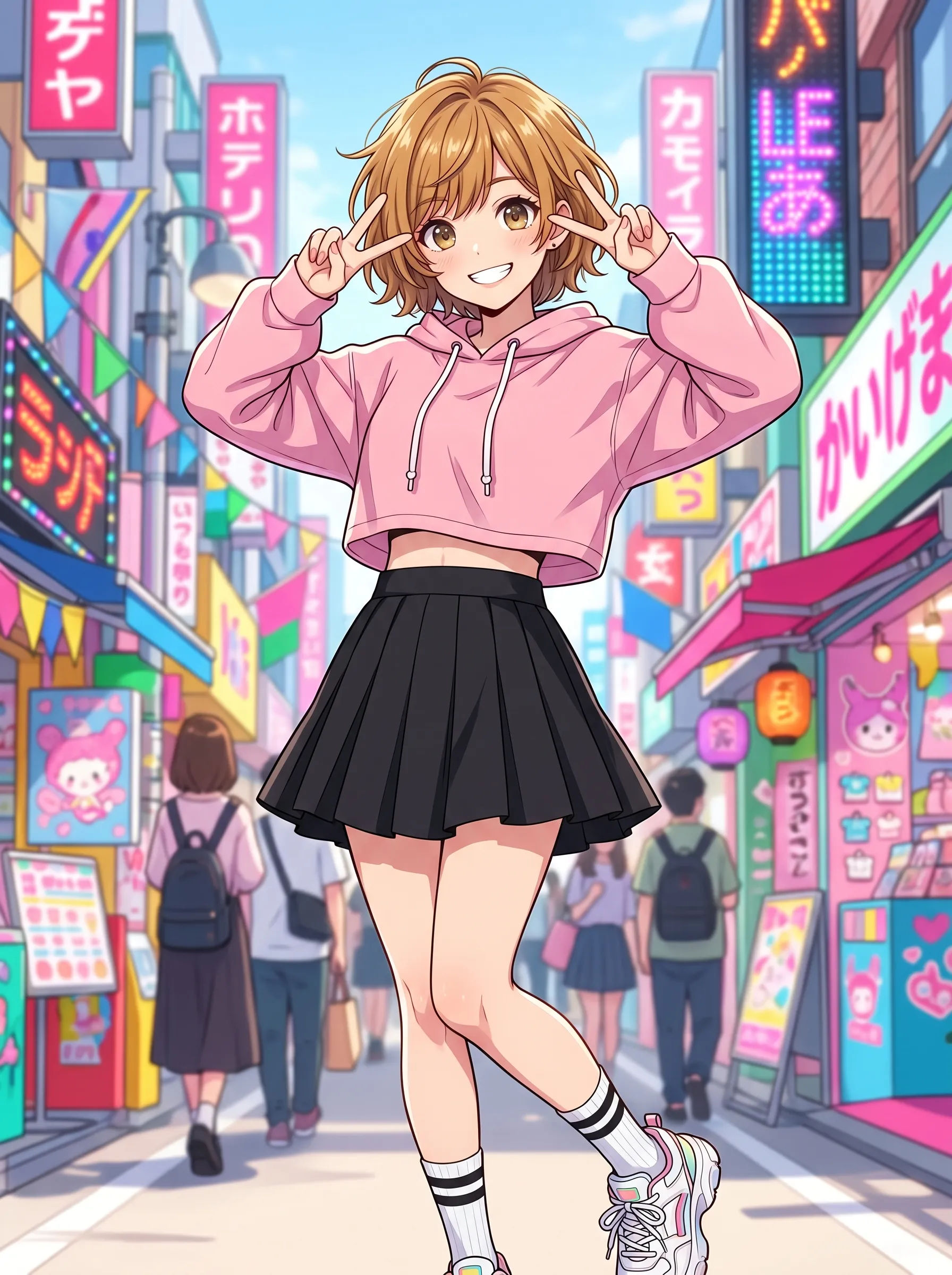 Cheerful short-haired girl doing a peace sign in a pink hoodie and black skirt on a busy Harajuku street