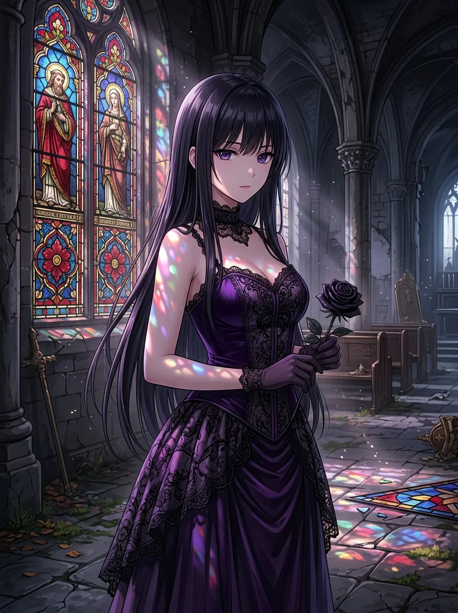 Gothic girl with long dark hair holding a black rose inside an abandoned church with stained glass light