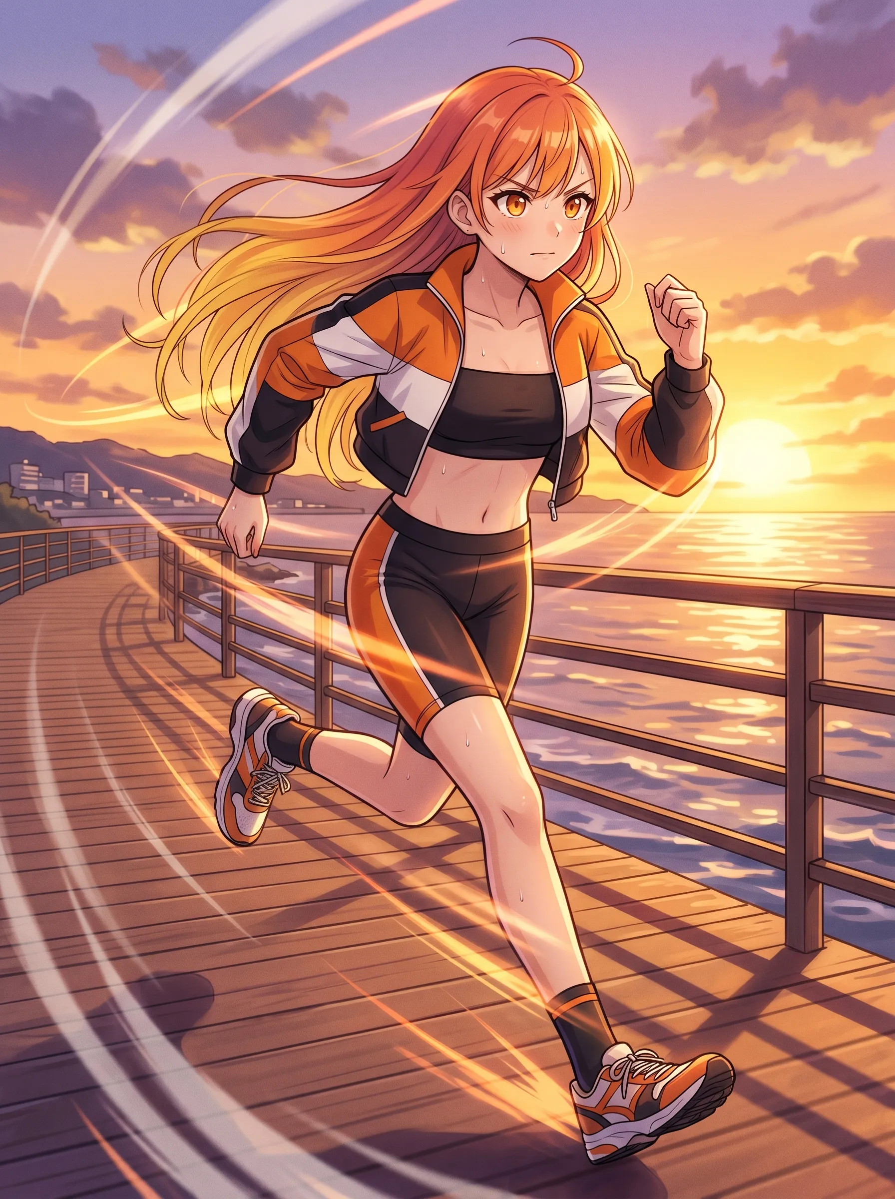Orange-haired athlete sprinting along a seaside boardwalk at sunset in sporty running gear with wind in her hair