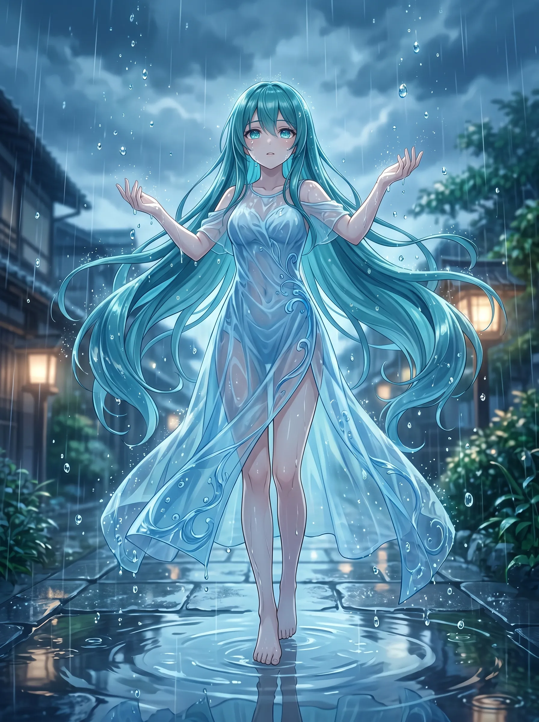 Teal-haired water spirit in a translucent flowing dress walking through rain on a Japanese village path at dusk