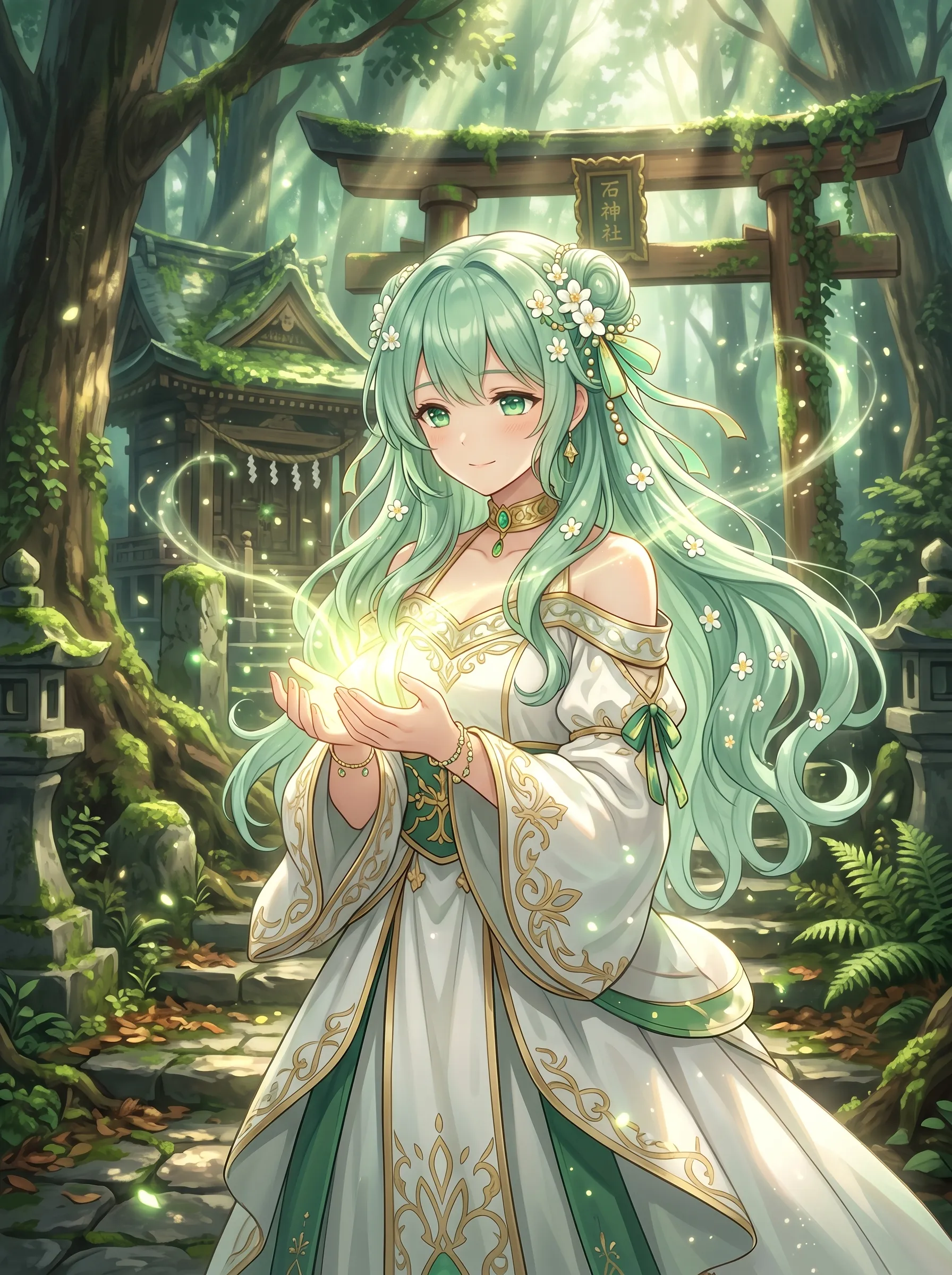 Mint-haired shrine maiden holding a glowing orb of light at a moss-covered forest shrine with fireflies, AI girl generator sample