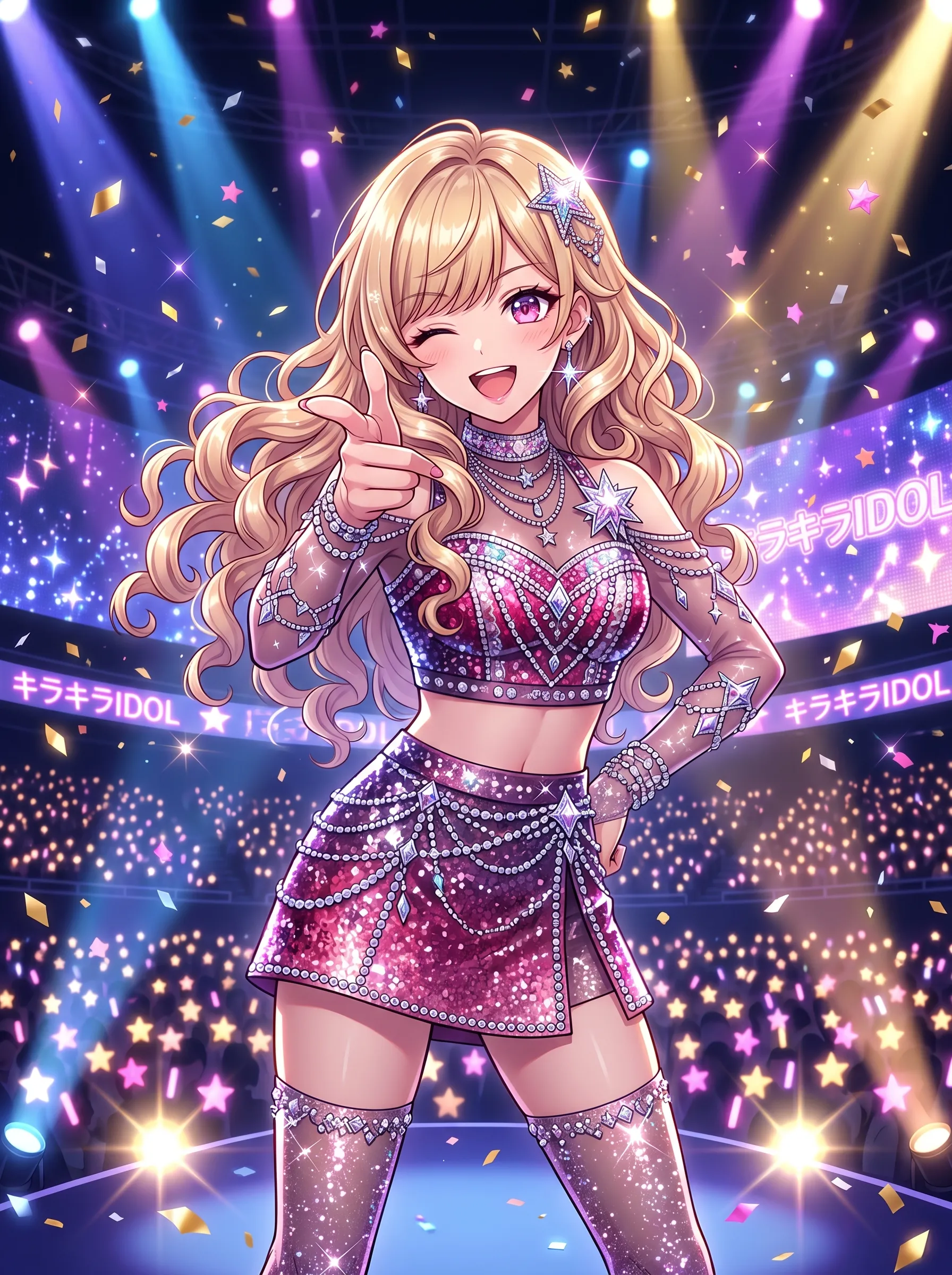 Blonde pop idol winking under confetti and spotlights in a sparkling pink stage outfit with the crowd cheering