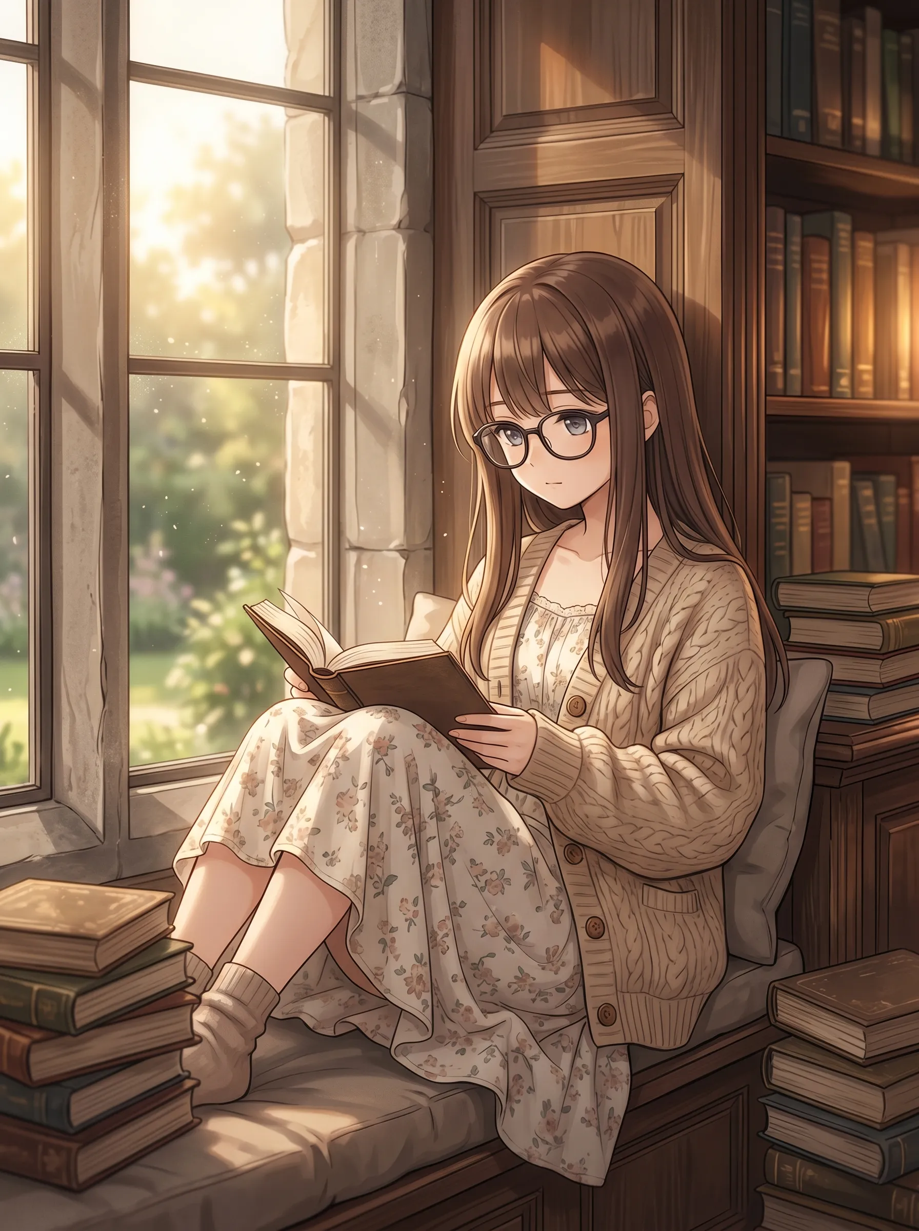 Brunette bookworm in glasses and a knit cardigan reading quietly by a sunny window stacked with old books