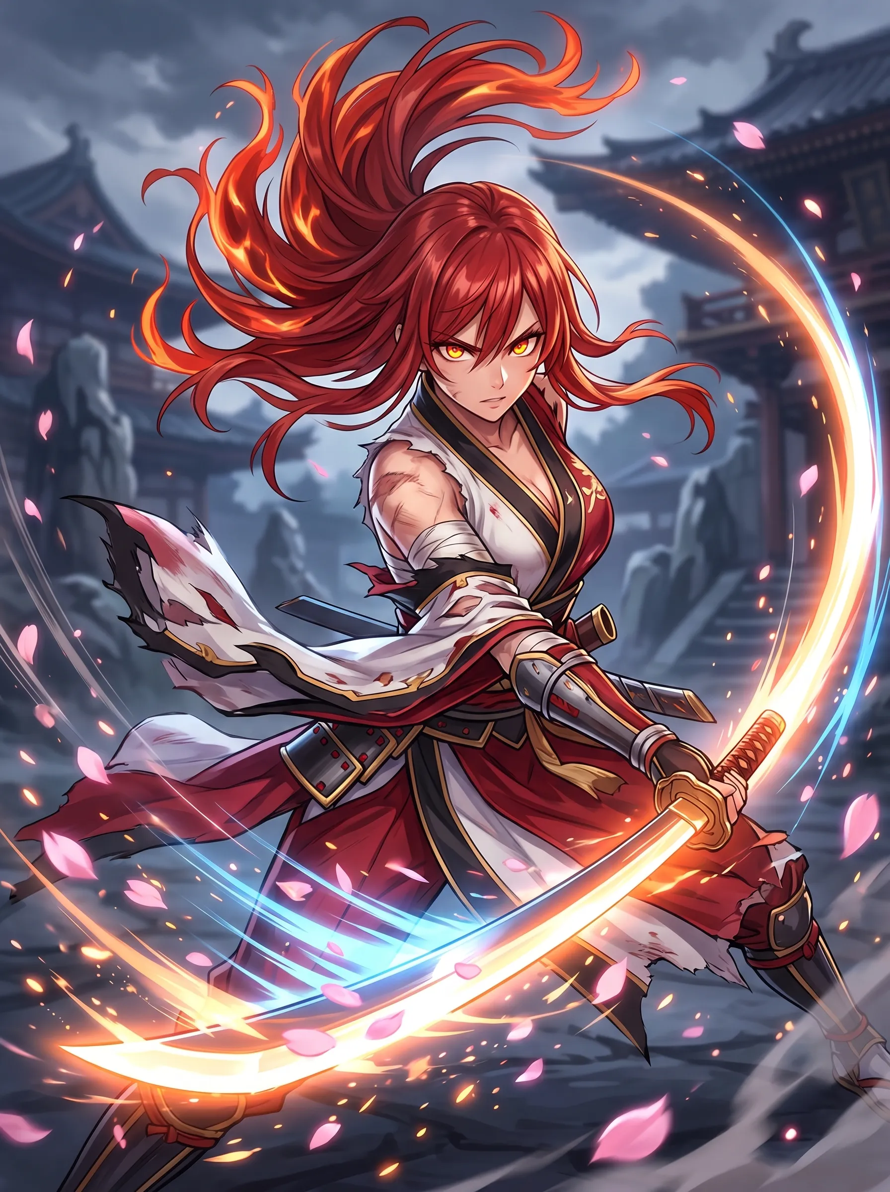 Fierce red-haired swordswoman slashing with a glowing blade amid cherry petals and temple ruins, AI girl generator art