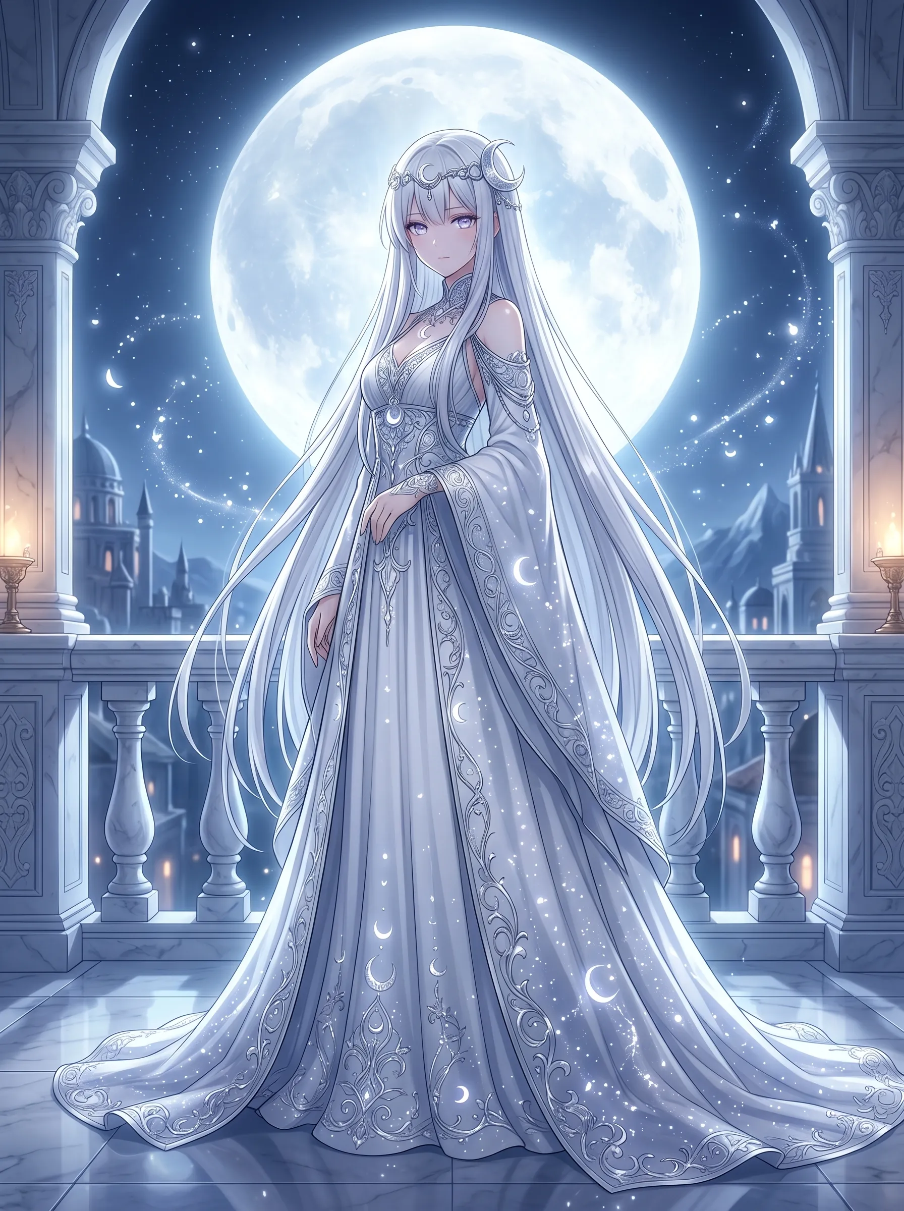 Ethereal moon princess with floor-length silver hair in a crescent-patterned gown on a marble balcony, AI girl generator example