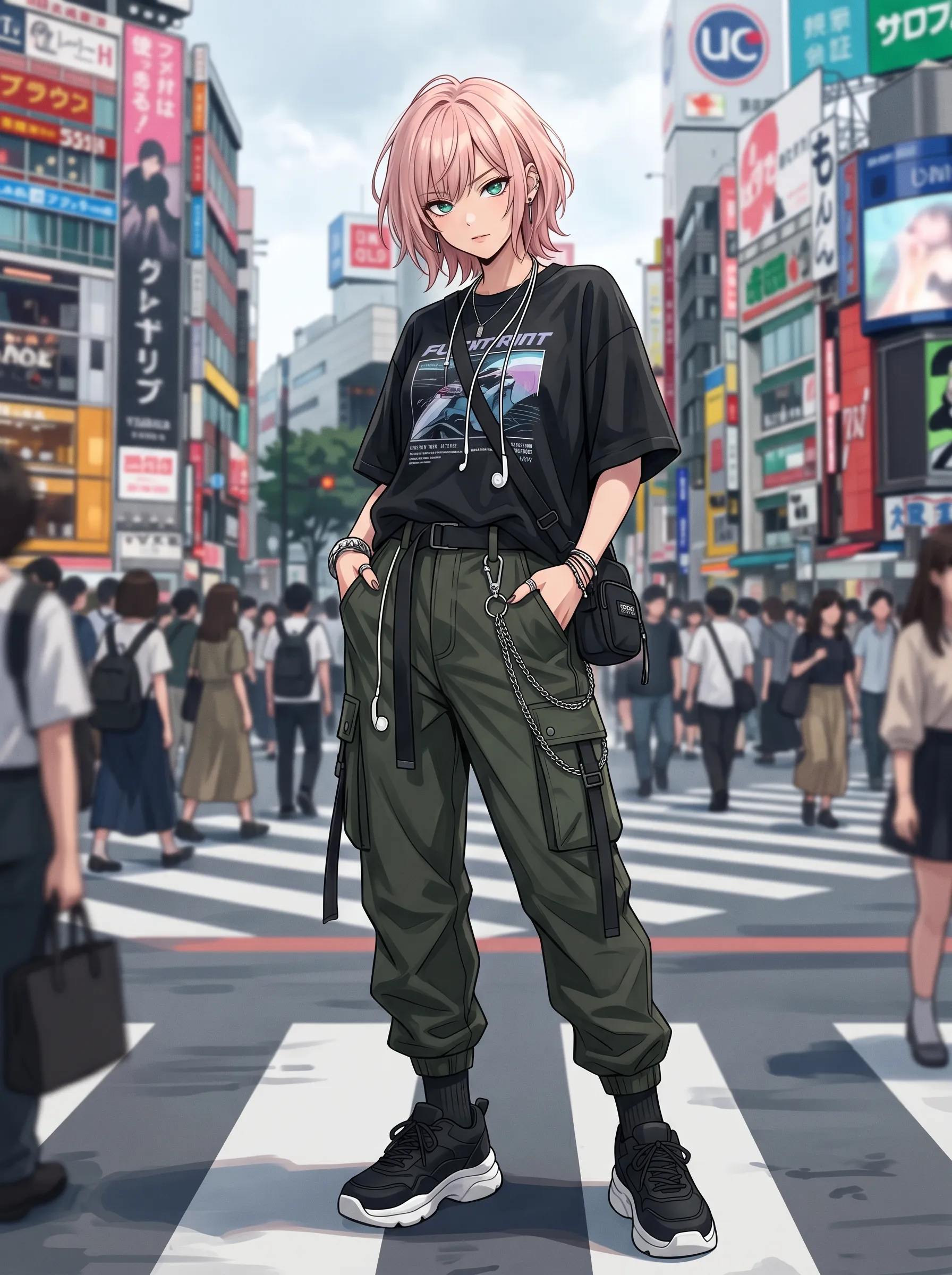 Pink-haired streetwear girl with cargo pants and chains standing at a busy Shibuya crosswalk in daylight