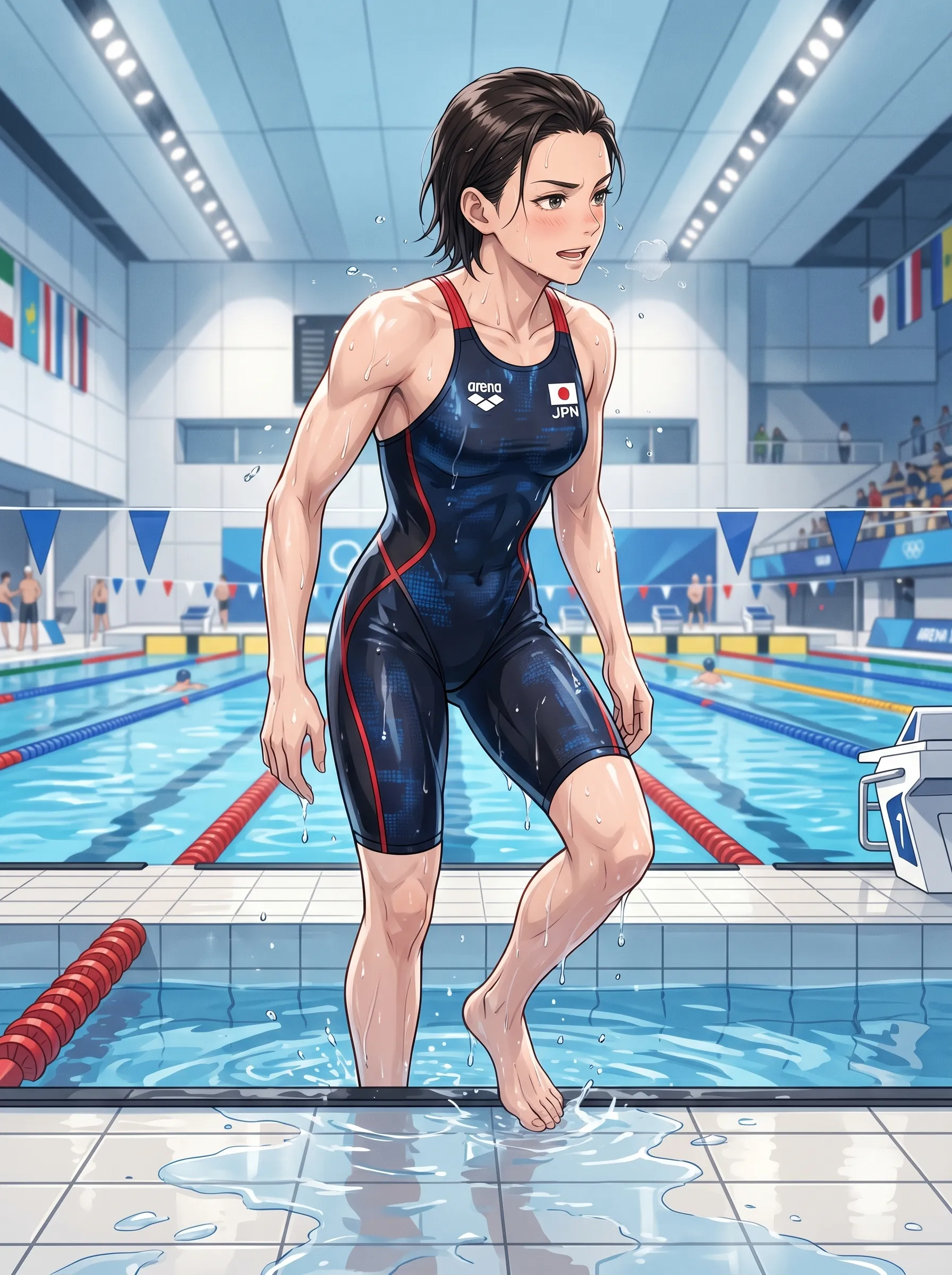 Athletic swimmer with short brown hair stepping out of a competition pool in a navy racing suit