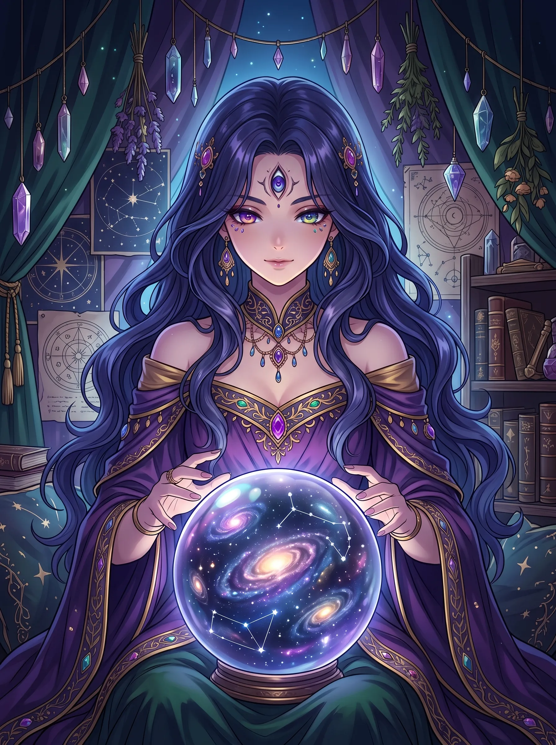 Mysterious fortune teller with deep purple waves gazing into a galaxy-filled crystal ball among hanging crystals