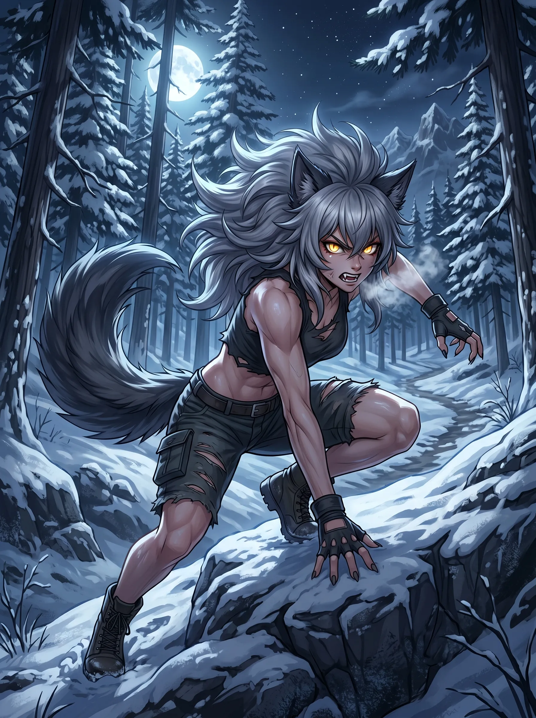 Fierce wolf girl with gray hair and fangs crouching on a snow-covered rock in a moonlit winter forest