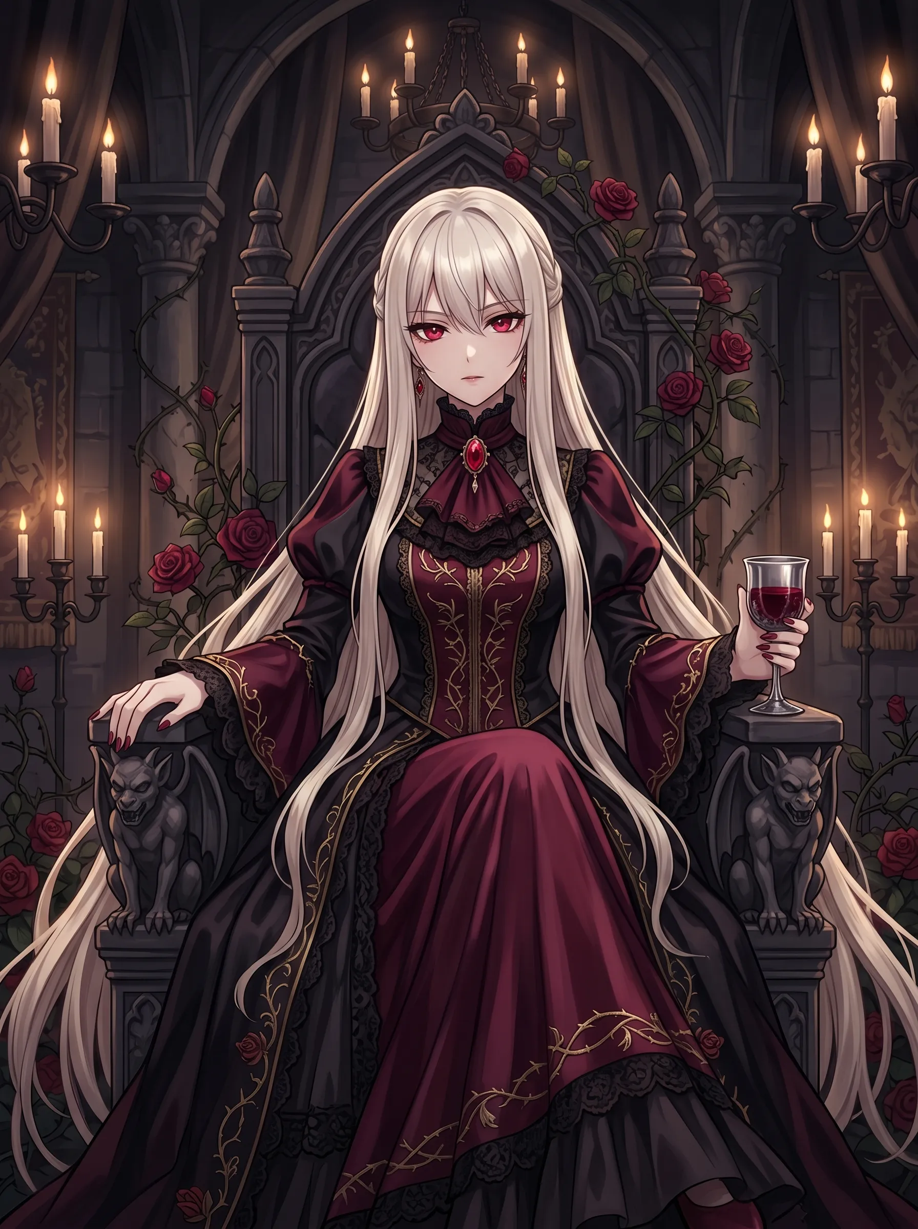 Pale vampire queen with crimson eyes seated on a gothic throne surrounded by red roses and candlelight