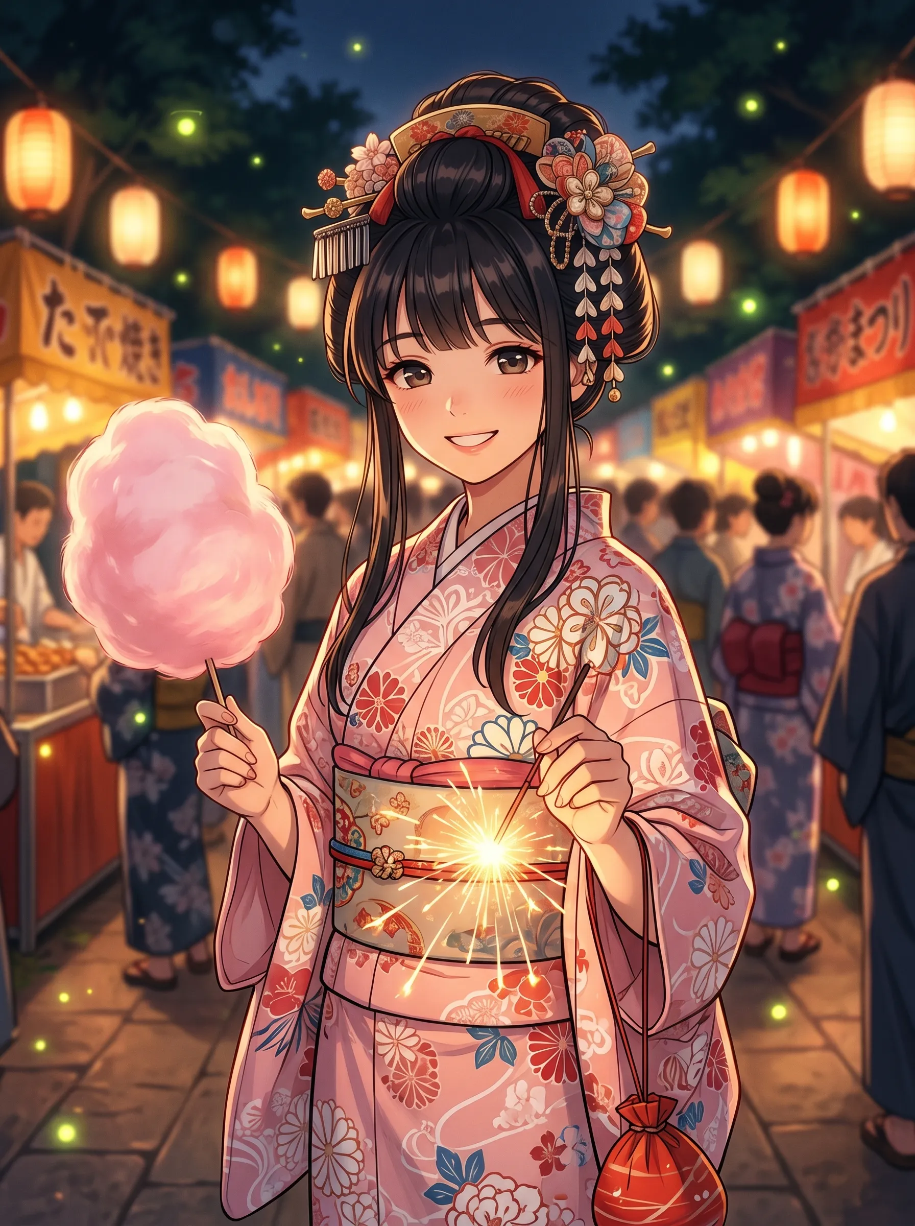 Smiling girl in a floral yukata holding cotton candy and a sparkler at a lively summer festival