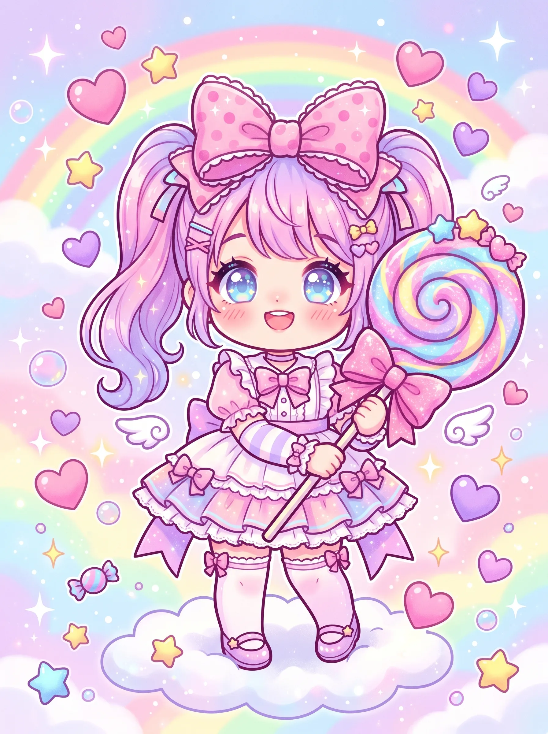Adorable pink-haired chibi with a polka-dot bow holding a giant swirl lollipop on a cloud with rainbow and hearts