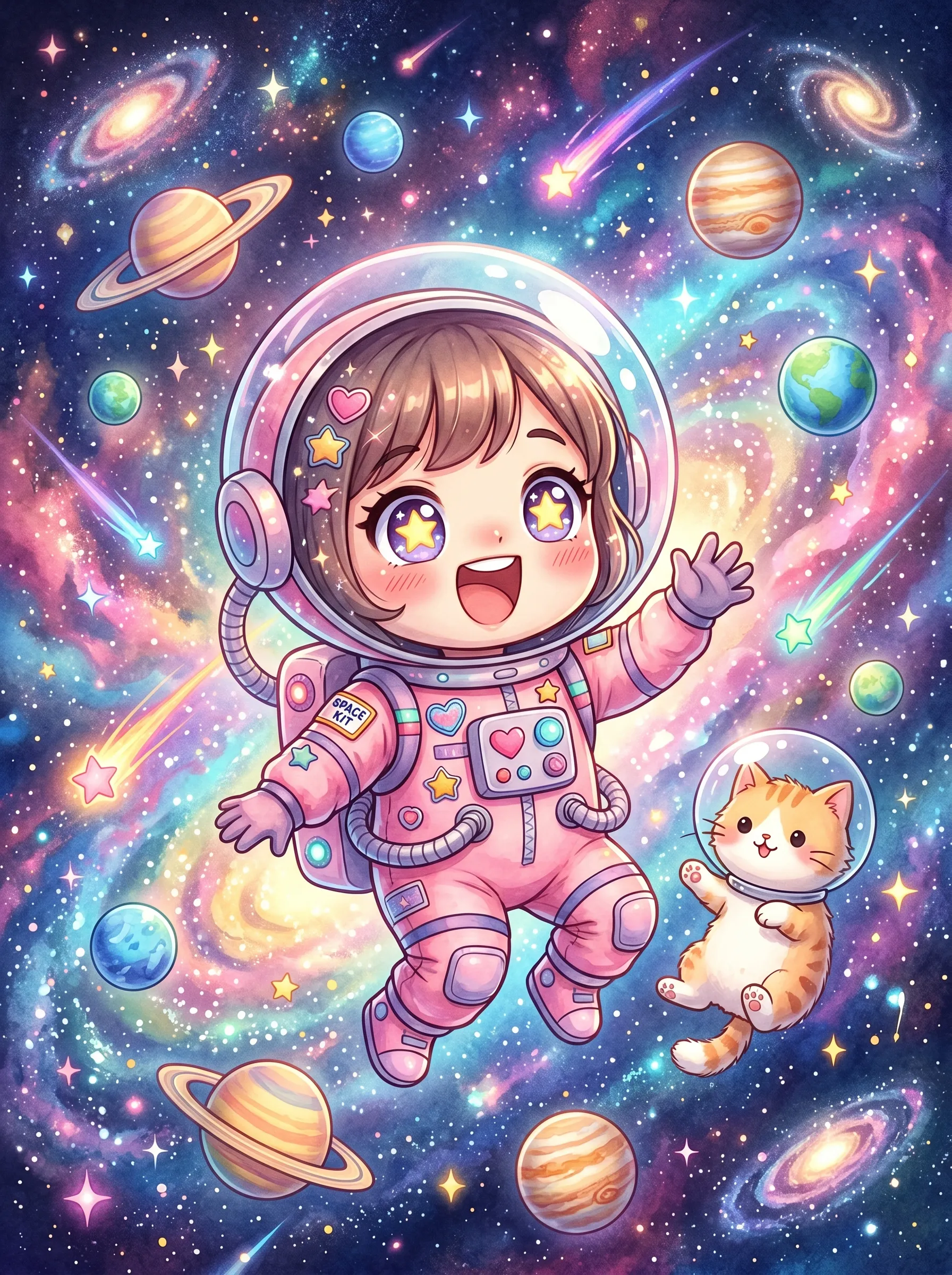 AI girl generator chibi of a brown-haired astronaut floating in a pink spacesuit with her kitten among colorful planets