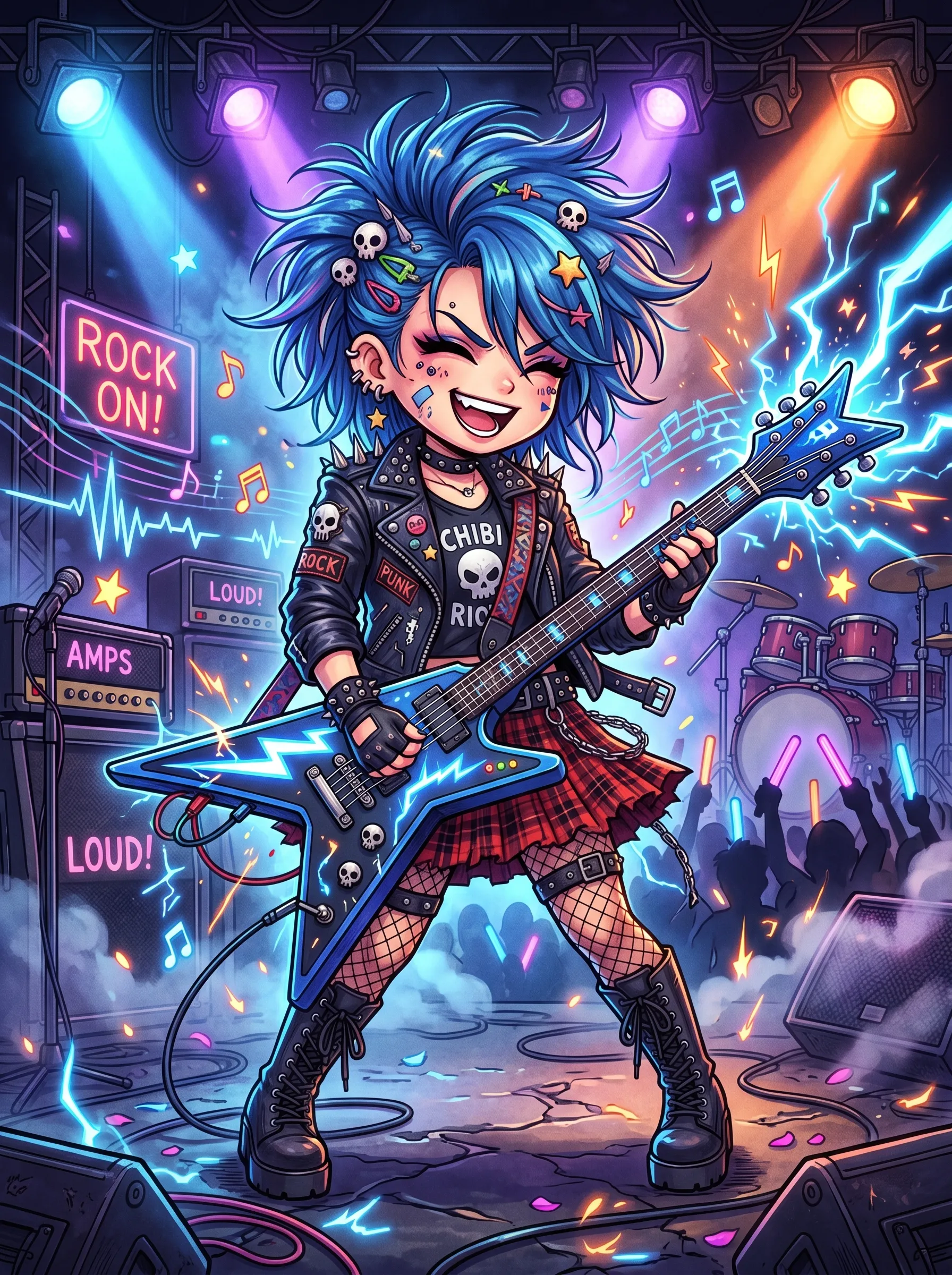 Wild blue-haired punk rocker shredding an electric guitar on a neon-lit concert stage