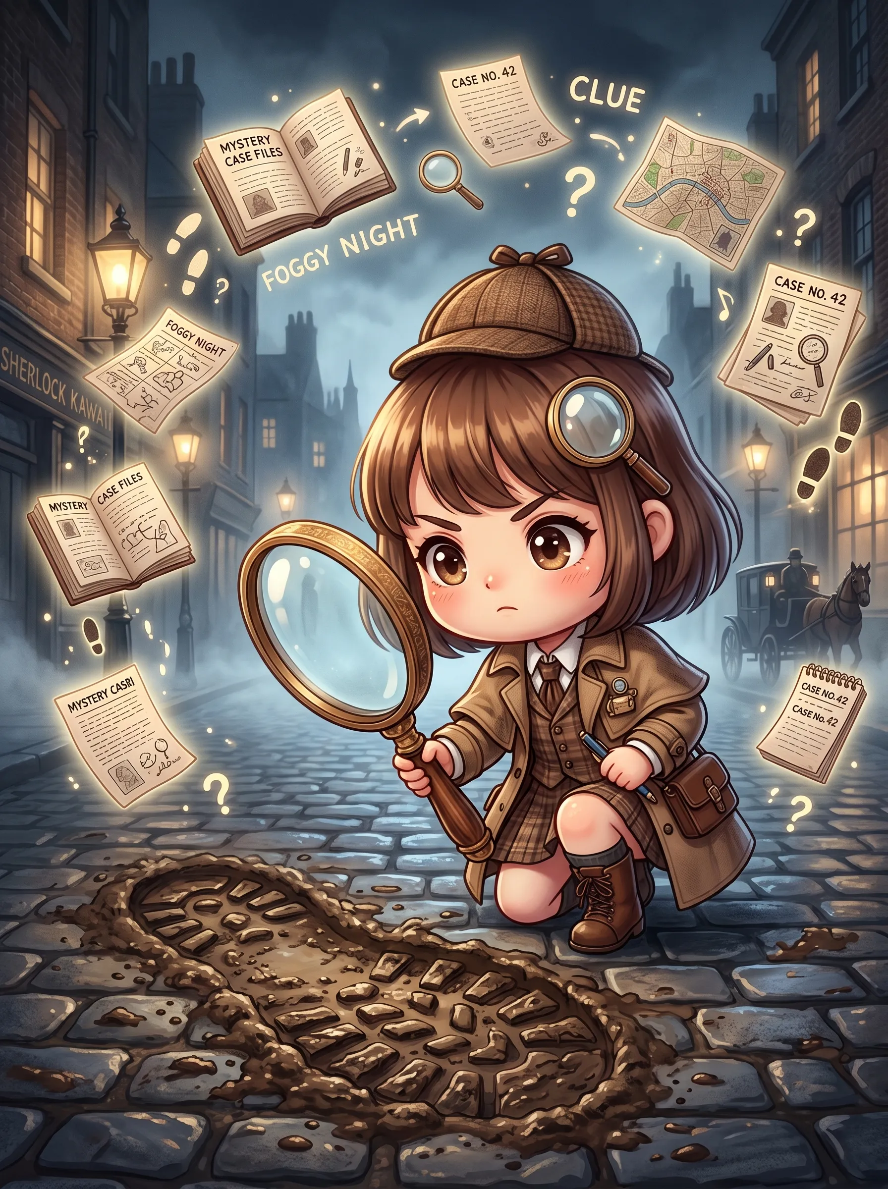 Brown-haired chibi detective in a trench coat examining footprints with a magnifying glass on foggy cobblestones