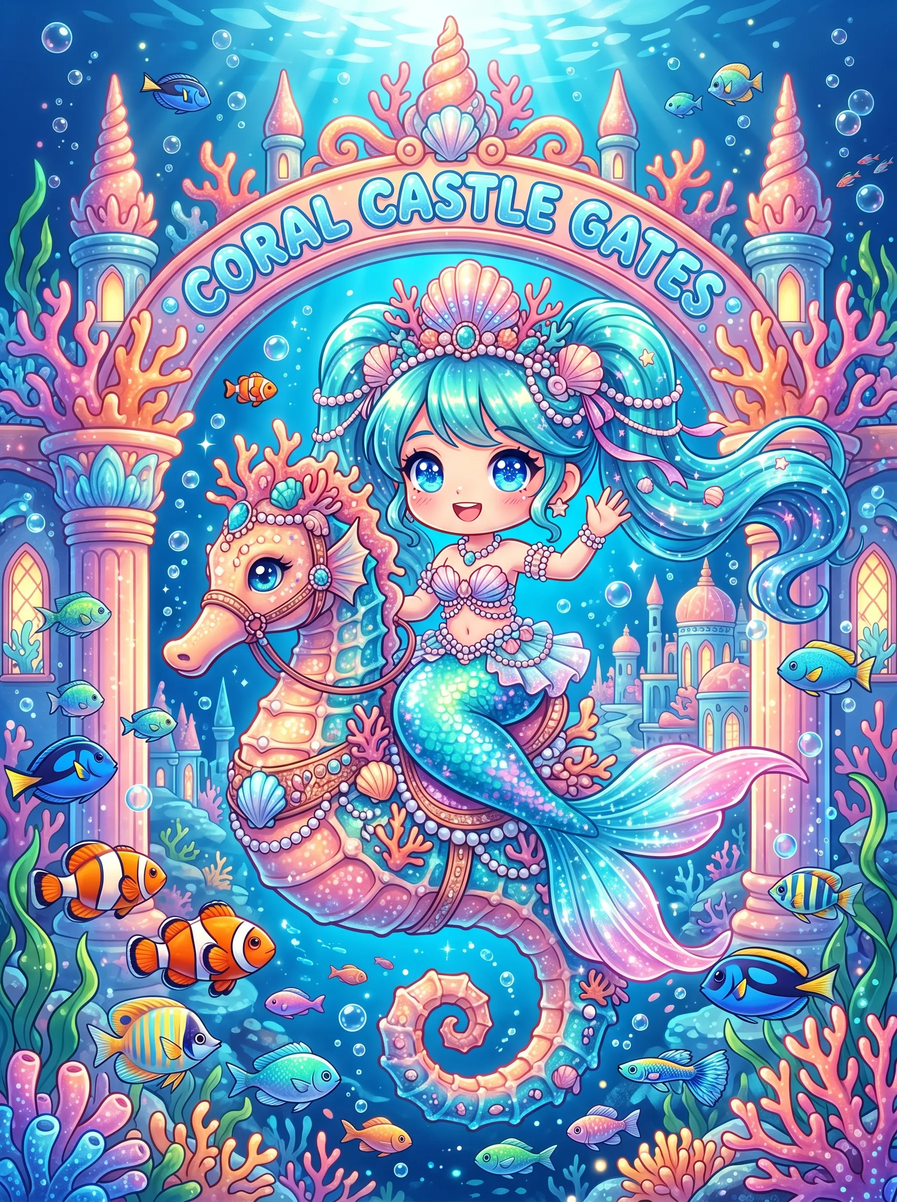 AI girl generator chibi mermaid with turquoise twintails riding a pink seahorse through an underwater coral castle