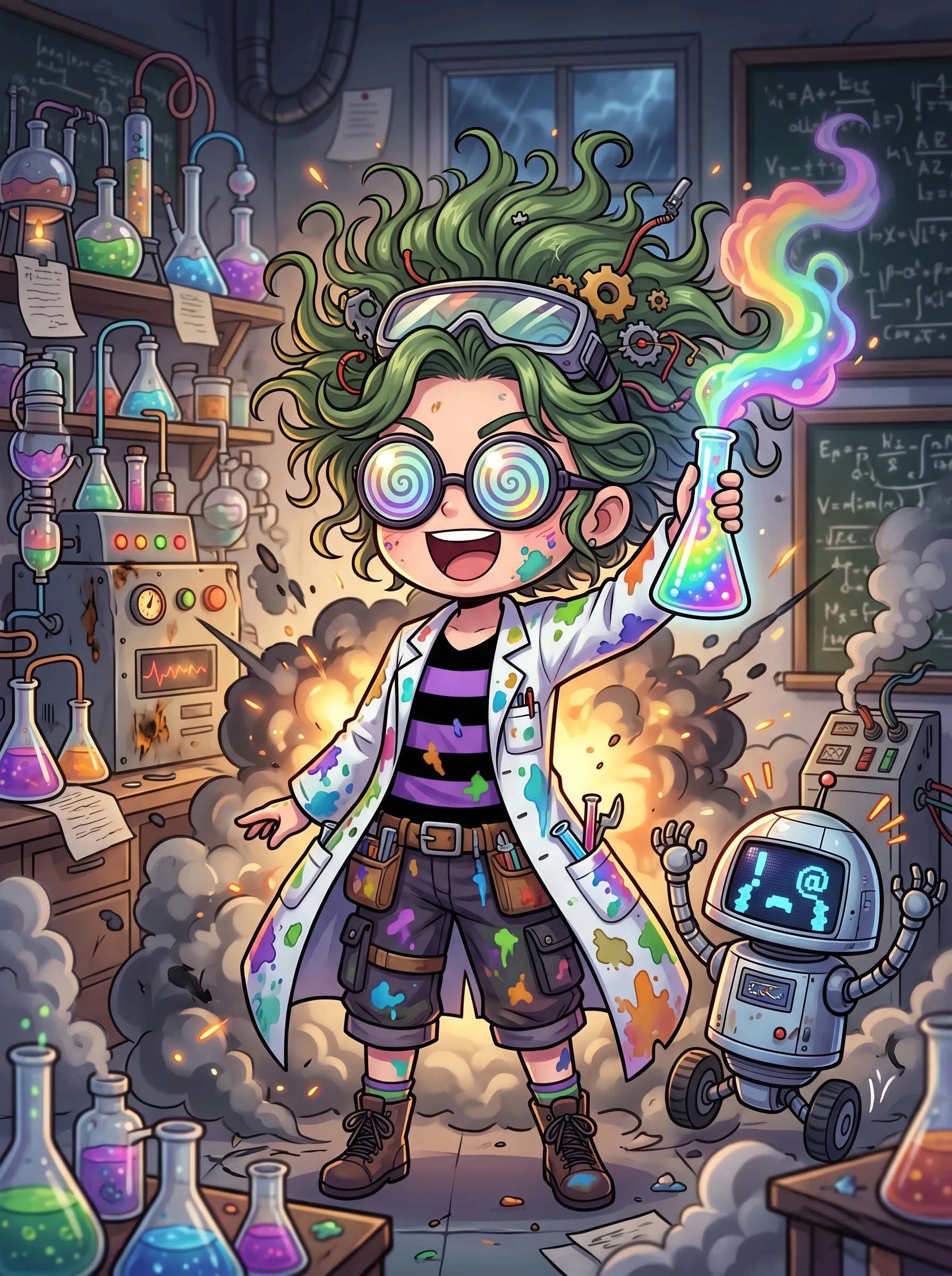 Wild-haired chibi mad scientist in a stained lab coat holding a bubbling rainbow flask beside a small robot