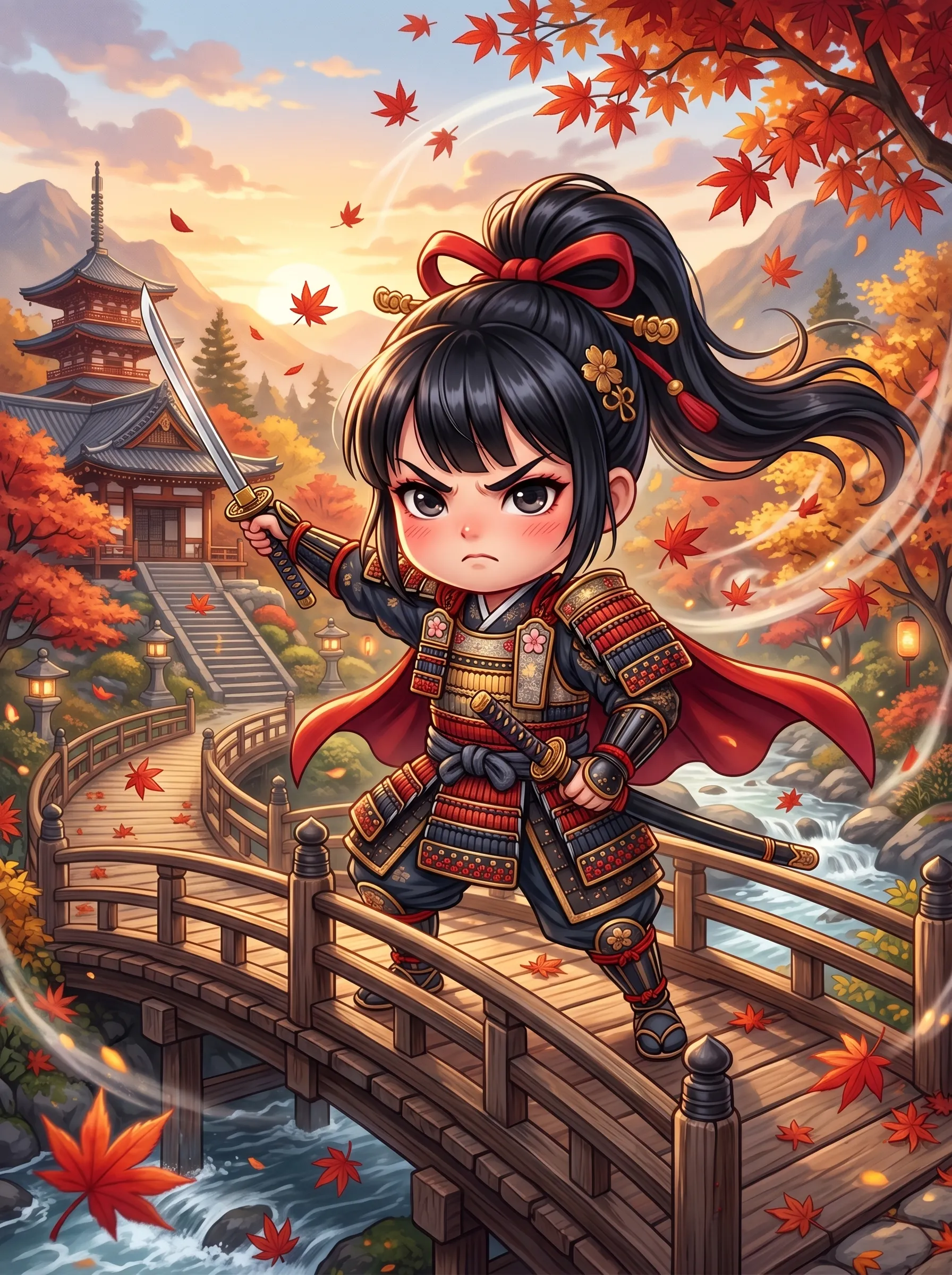 Determined chibi samurai girl with a black ponytail wielding a katana on an autumn bridge near a pagoda
