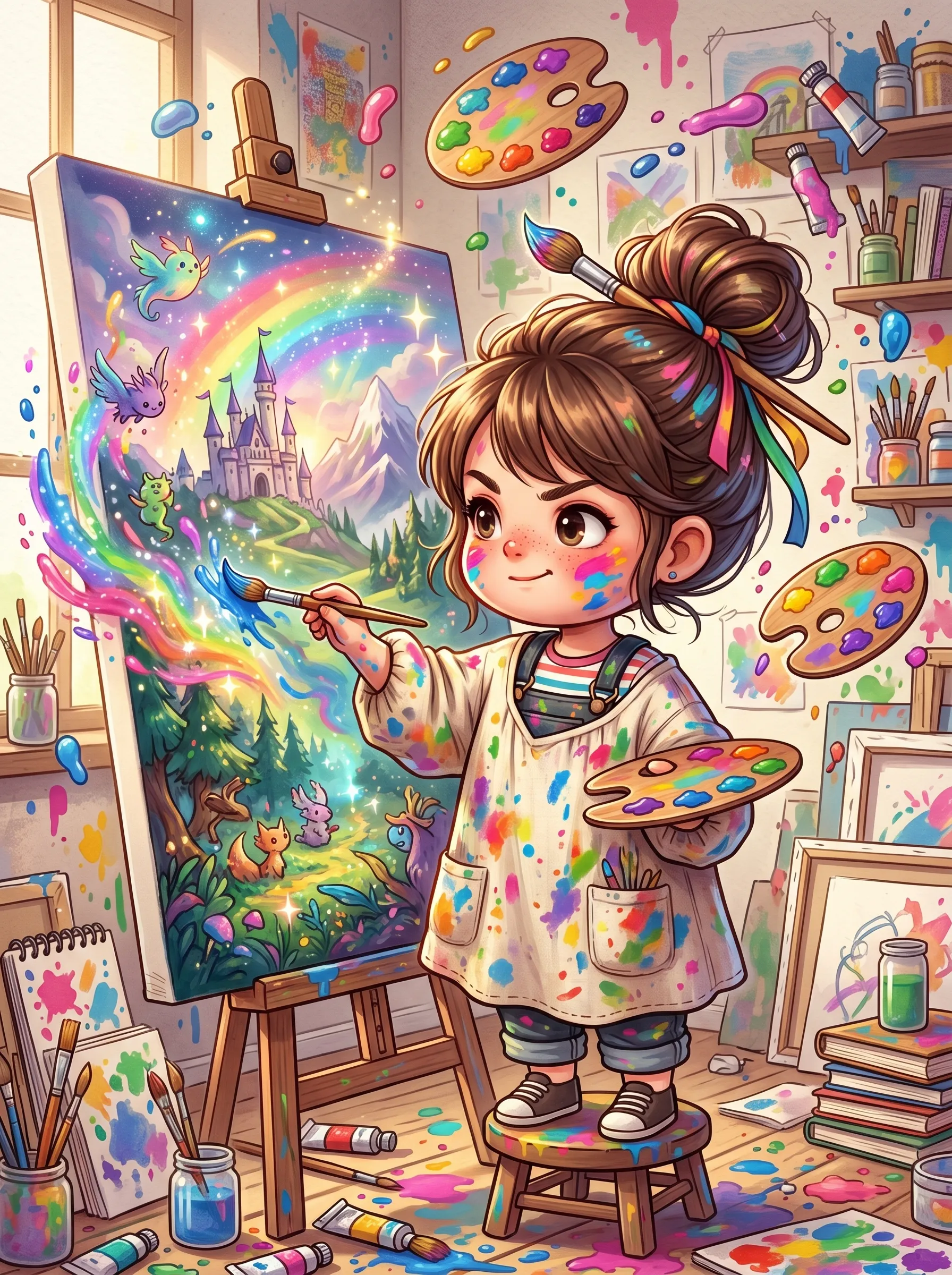 Messy-bunned chibi artist painting a fantasy castle landscape on a canvas in a colorfully splattered studio