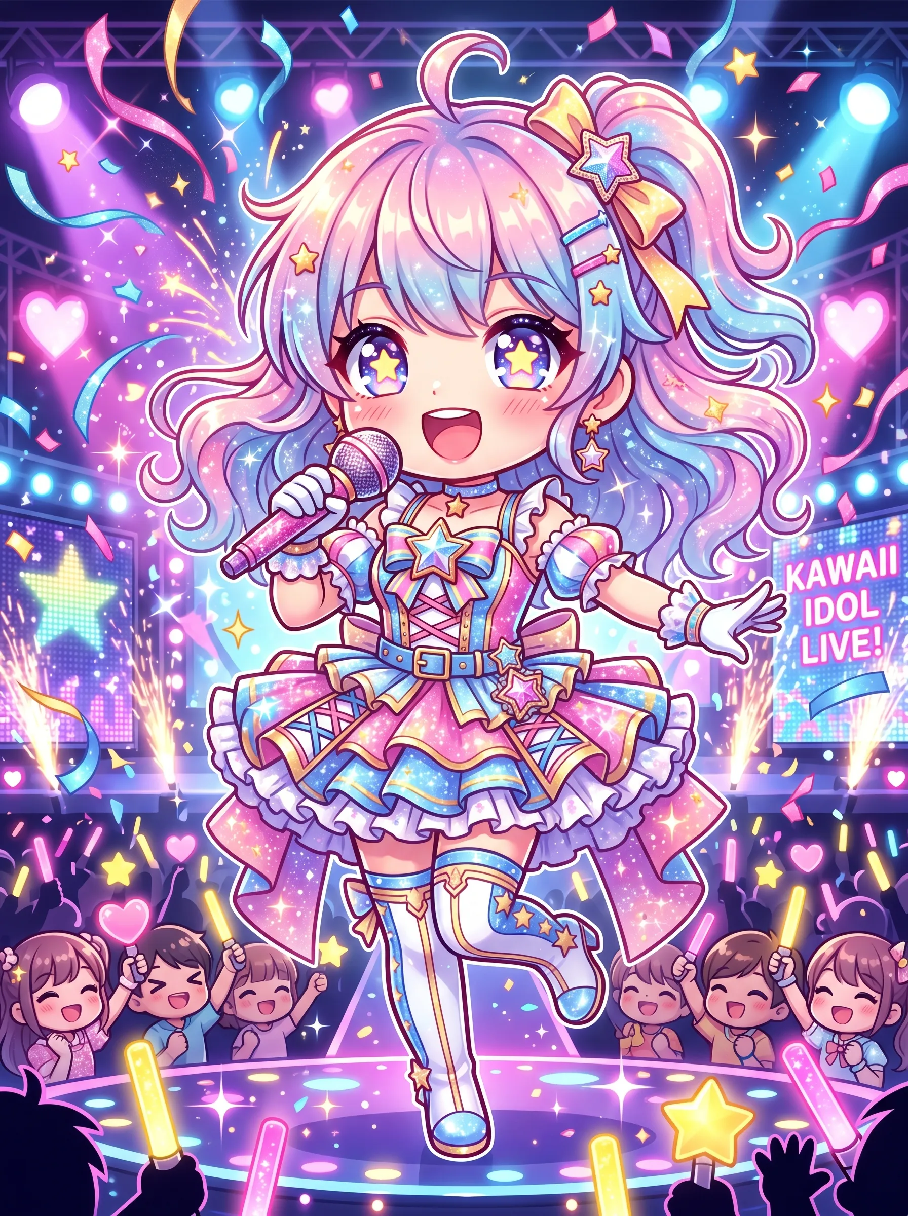 Pastel-haired kawaii idol singing into a microphone on a sparkling stage with cheering fans below