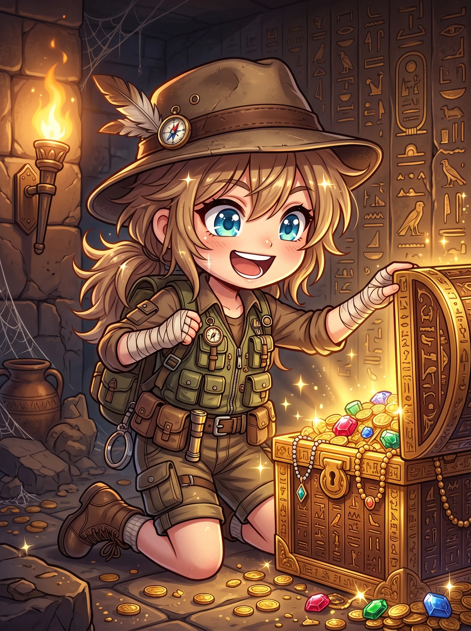 Blonde chibi explorer in safari gear discovering a glowing treasure chest inside an Egyptian tomb