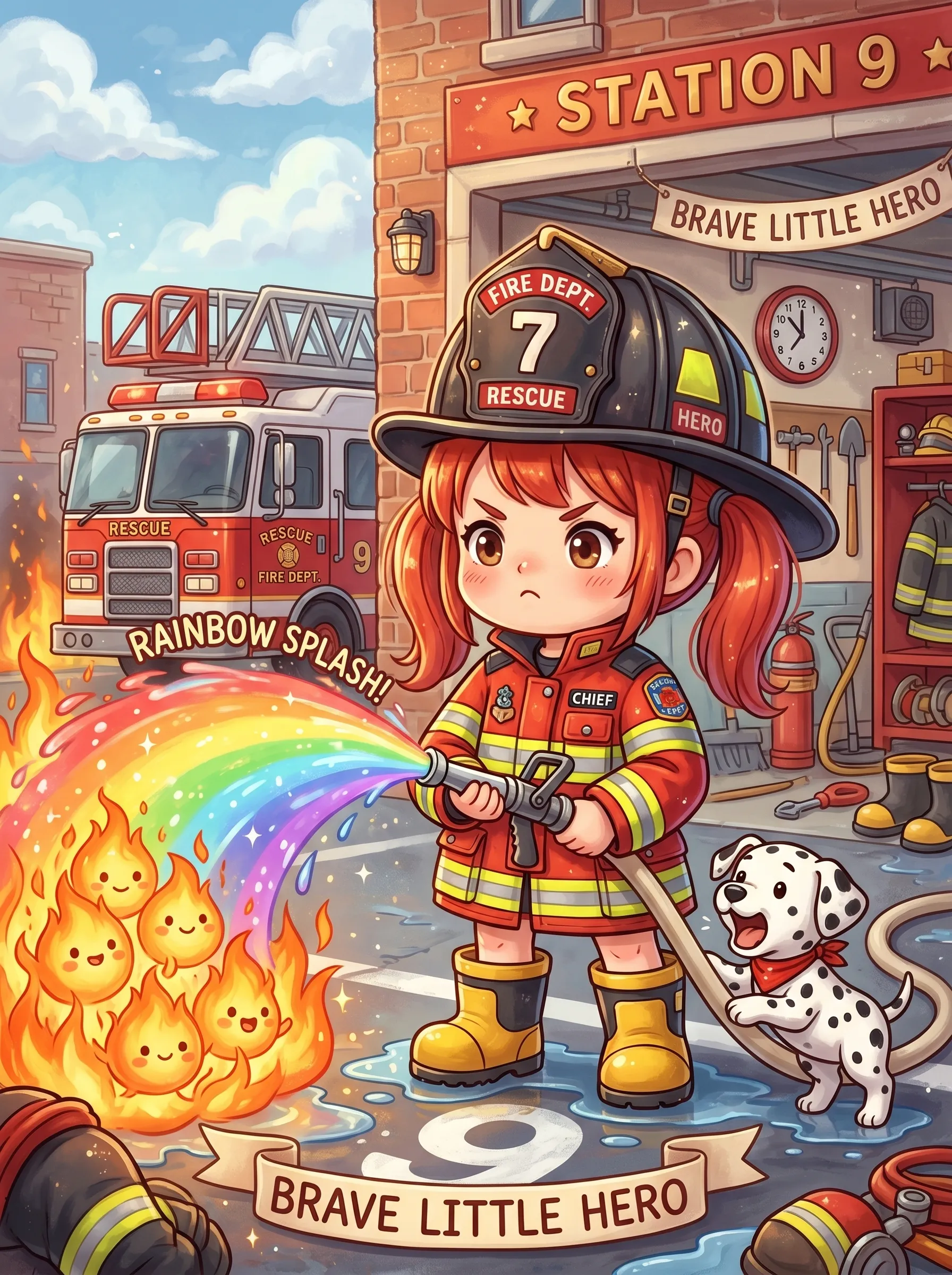 Red-haired chibi firefighter spraying a rainbow hose beside a dalmatian in front of Station 9