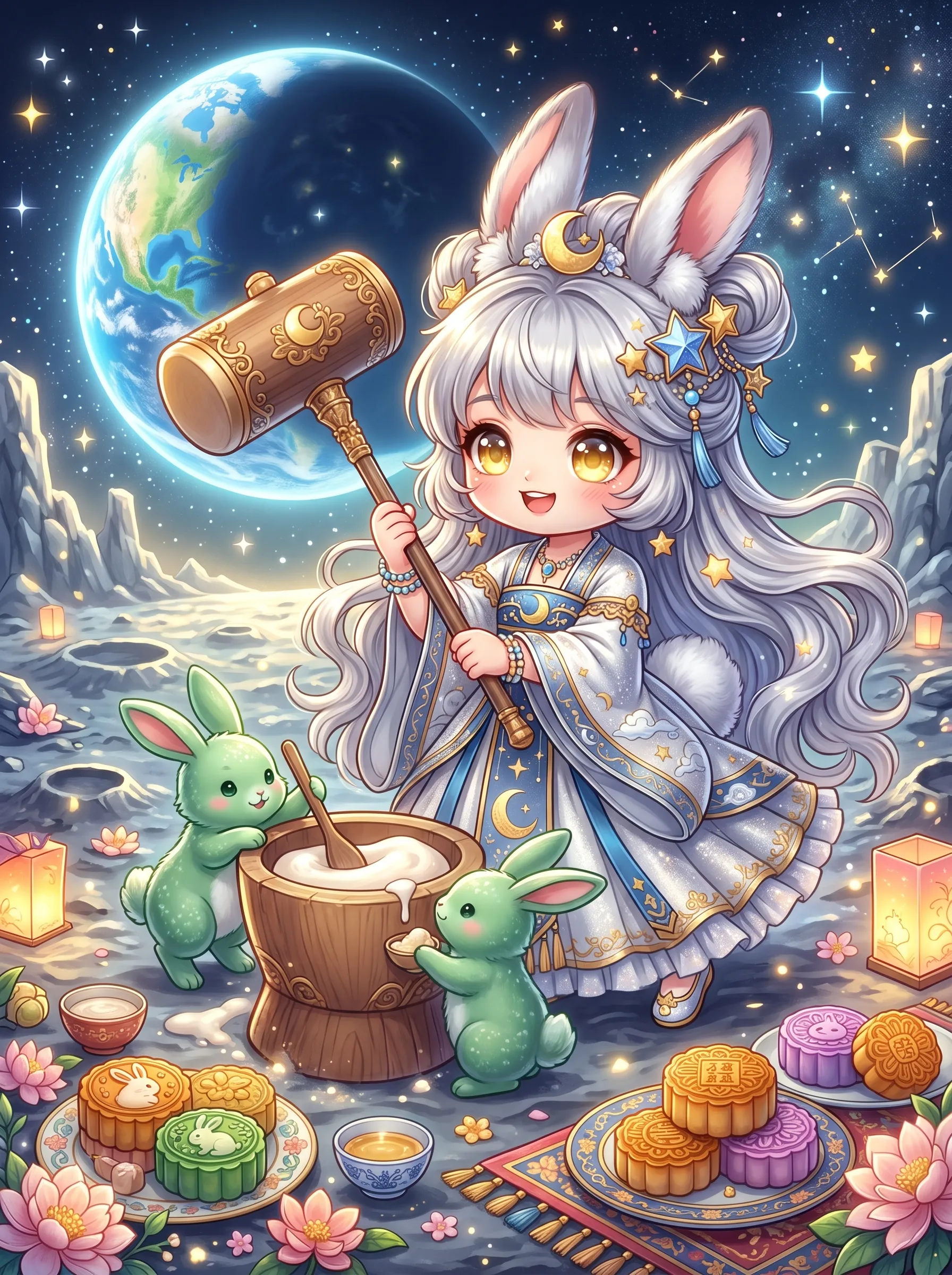 Silver-haired chibi moon rabbit goddess pounding mochi with jade bunnies on the lunar surface with Earth behind her