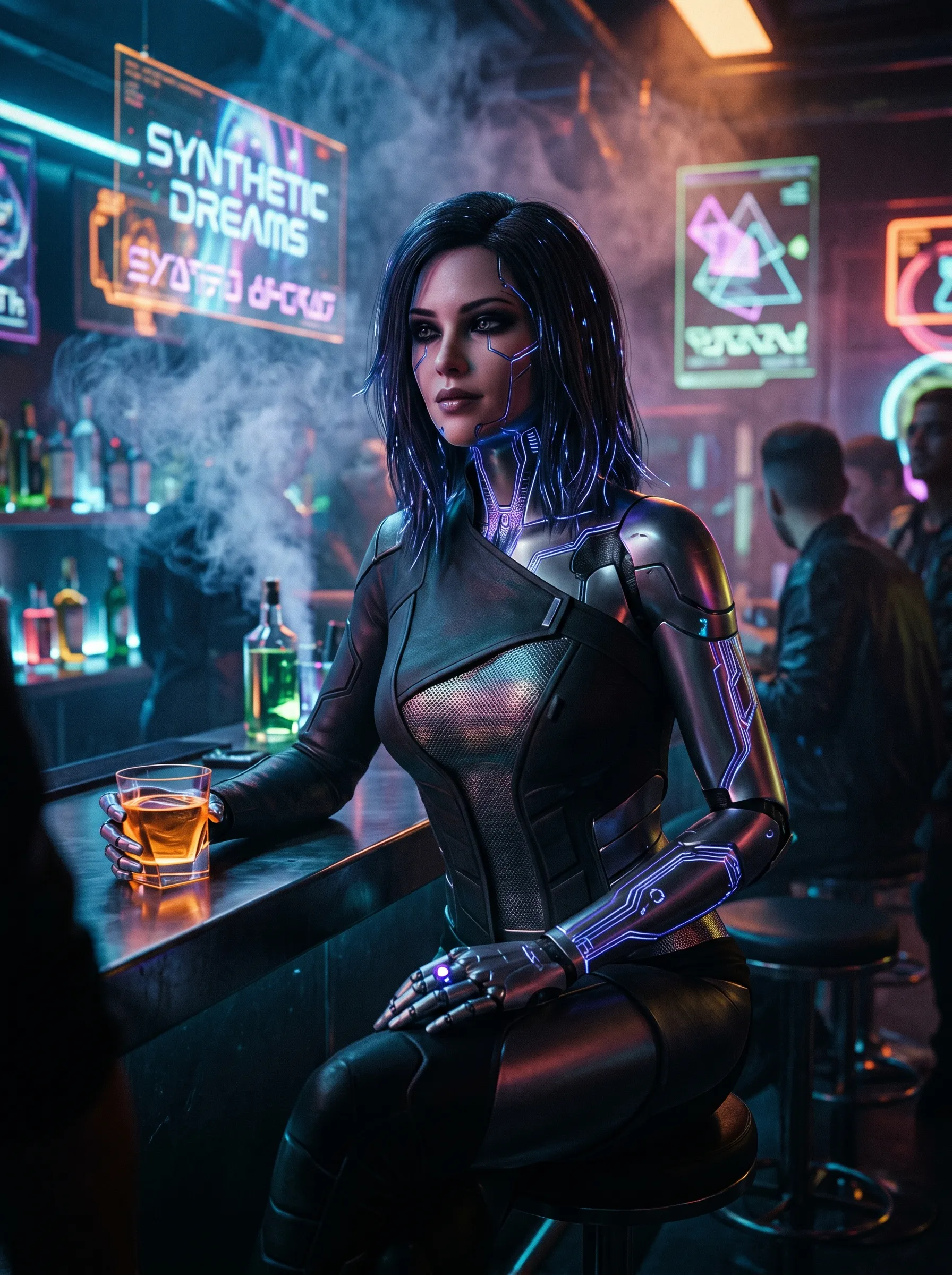Dark-haired woman with glowing cybernetic arm sitting at a smoky neon bar, drink in hand, moody purple lighting