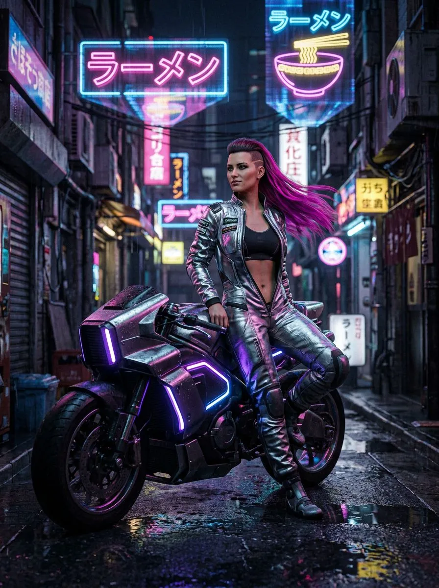 Purple-haired biker in leather jacket straddling a futuristic motorcycle under neon ramen shop signs at night