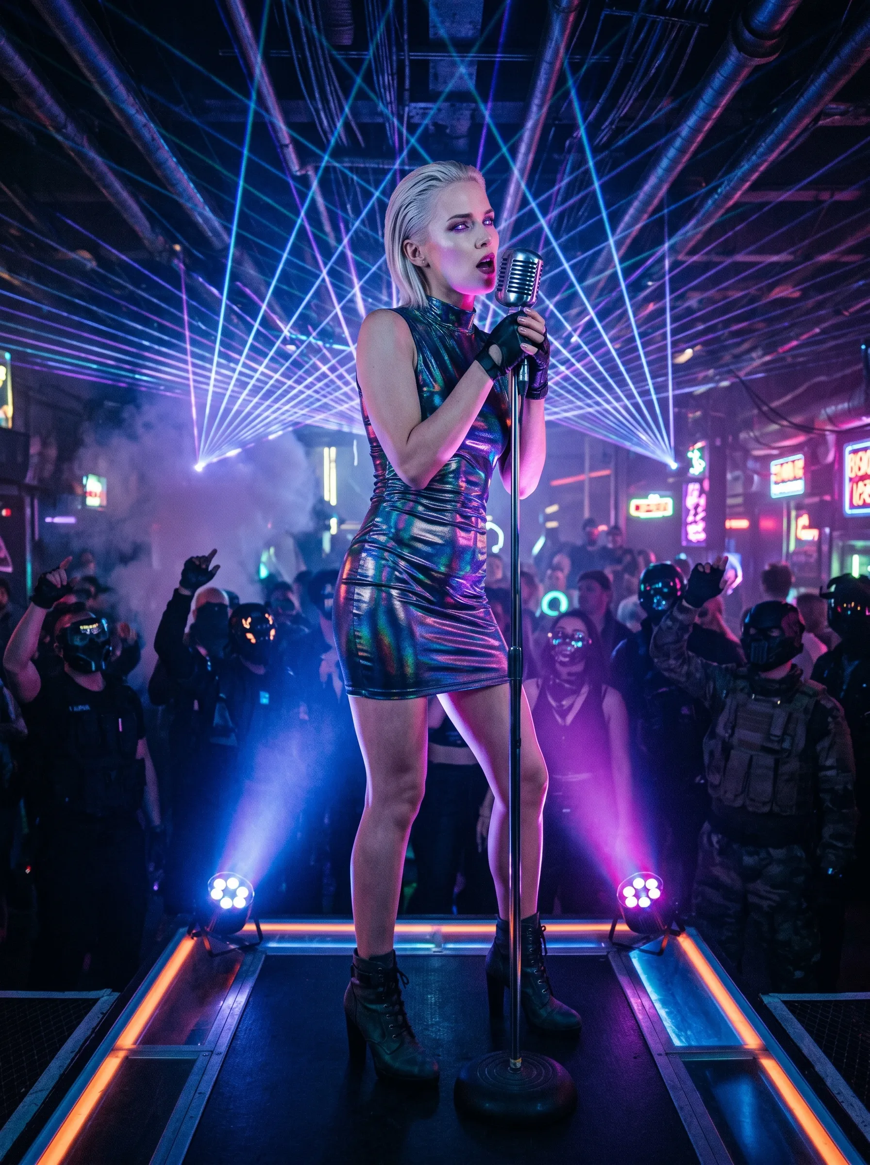 Blonde singer in a metallic mini dress performing on stage with blue laser beams and fog machines behind her