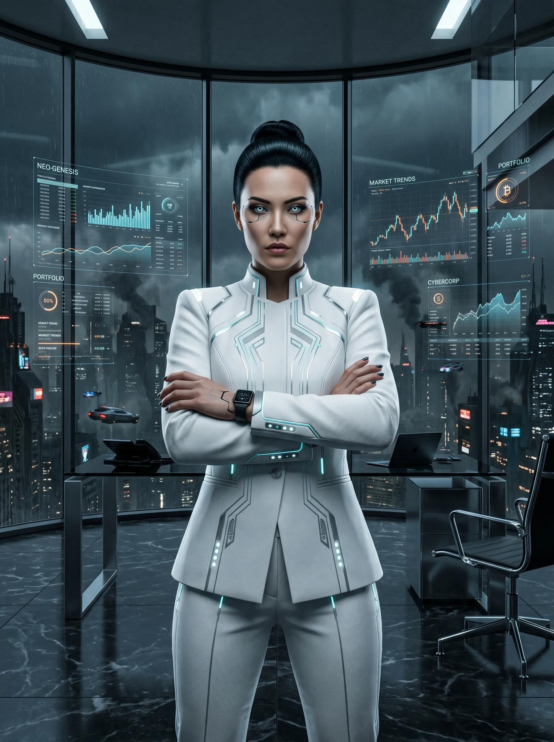 Stern woman in a white tech suit, arms crossed, standing in a corporate office with holographic stock charts