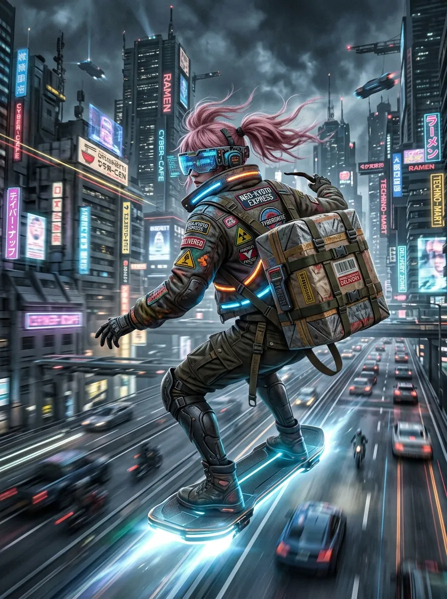 AI girl generator cyberpunk courier with pink hair skating through traffic above a rain-drenched city skyline